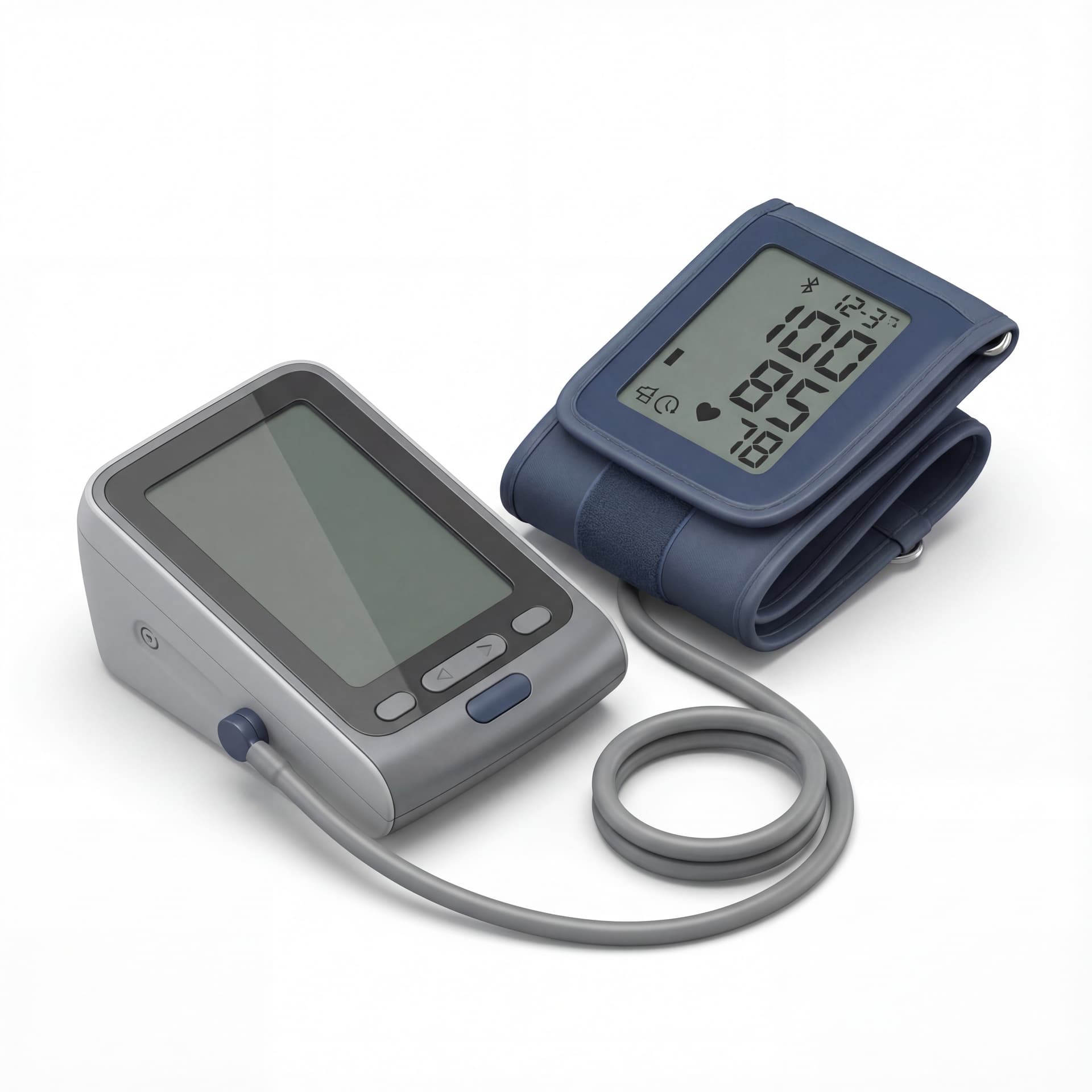 A realistic 3D model of a digital blood pressure monitor with cuff and display, modern medical device design, accurate proportions, isolated object.