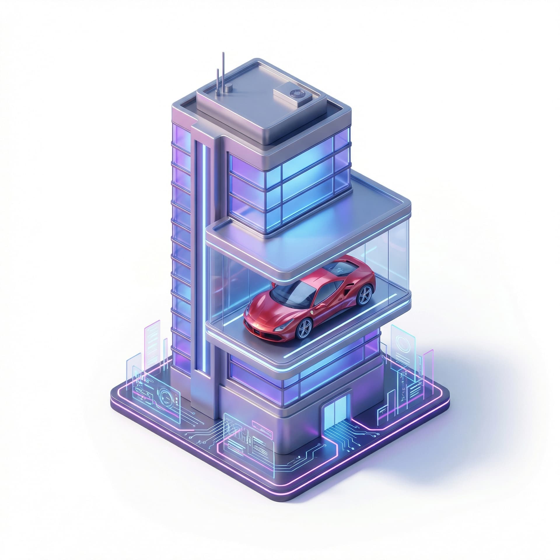 Detal mick in futuristic neon skycraper in ferrari