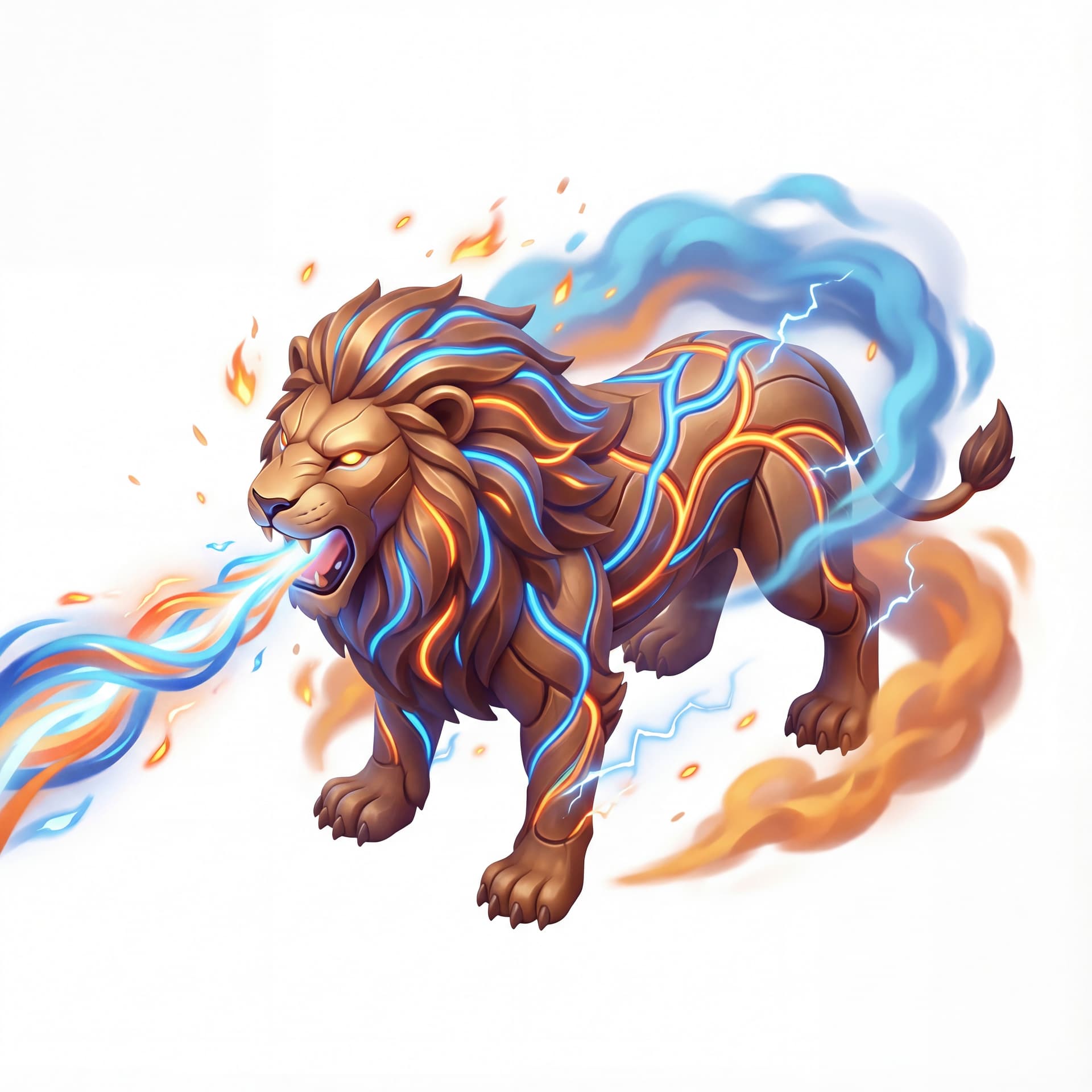 An isometric hybrid elemental lion with bronze fur and glowing blue-orange energy lines across its body roaring aggressively while firing a mixed beam, surrounded by fire sparks, electric arcs, and dense energy aura clouds.