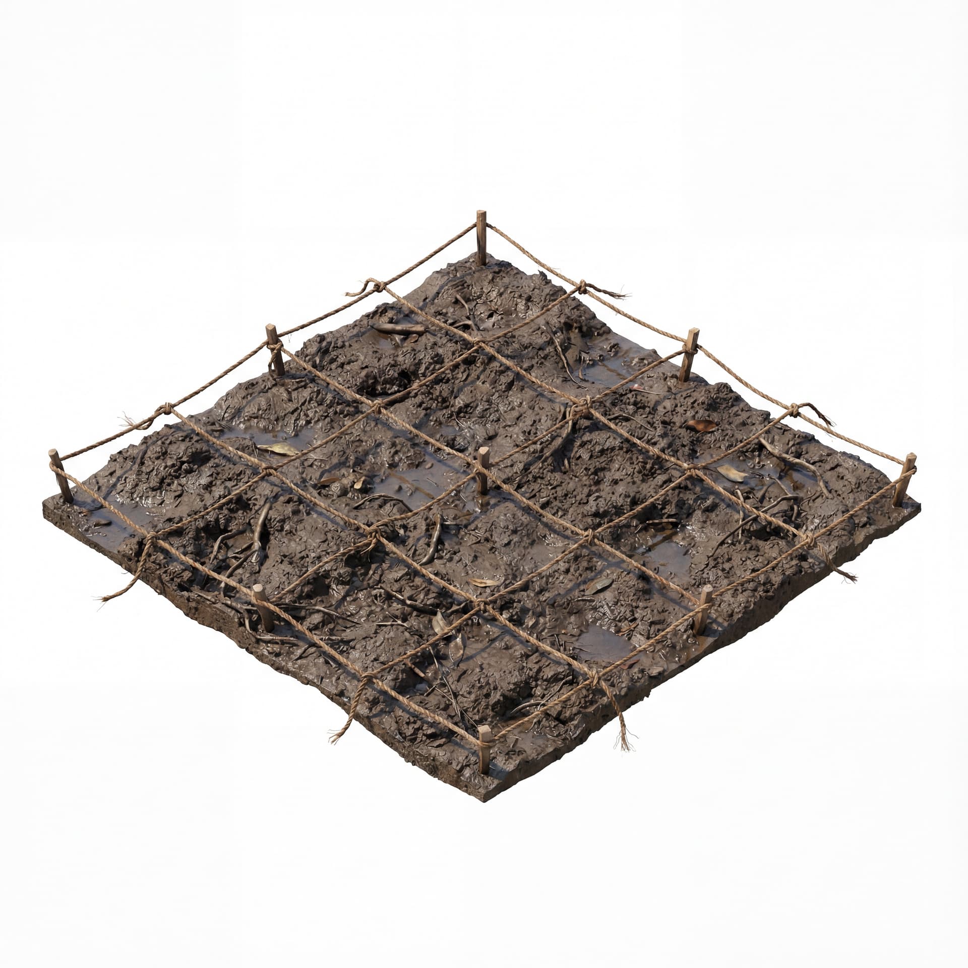 Isometric 3D manual rope grid used for planting alignment. 
Thin brown ropes forming uneven square shapes placed on muddy mangrove soil. 
Worn, imperfect tension to emphasize manual measurement.
