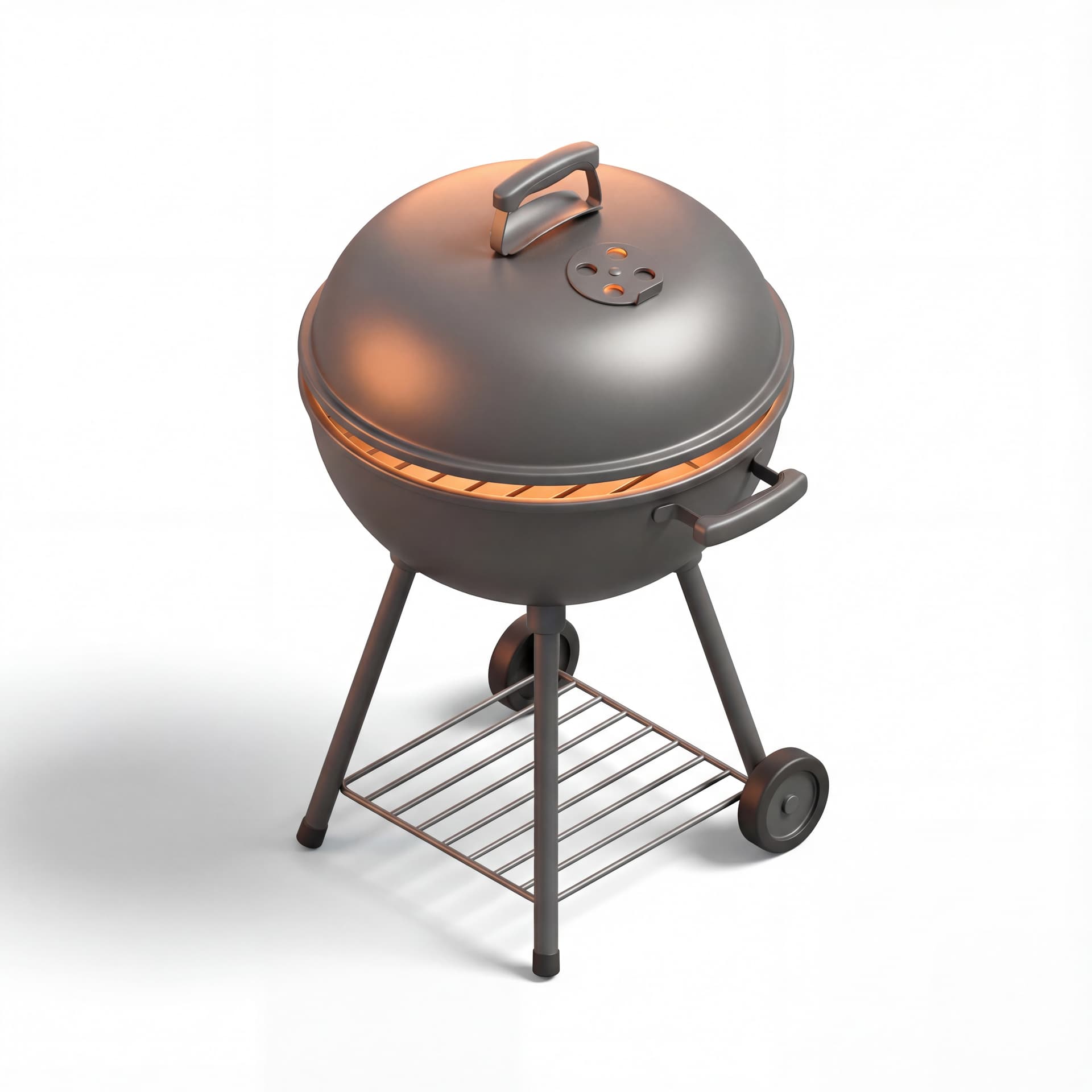 3D isometric icon of a classic charcoal BBQ grill with lid, minimal microstock illustration style, matte dark gray metal with warm orange glow from charcoal, balanced isometric perspective, soft ambient lighting, gentle shadow beneath object, isolated on pastel beige background, modern icon design for UI or app usage, high-quality 3D render, smooth surfaces, crisp edges, professional stock look