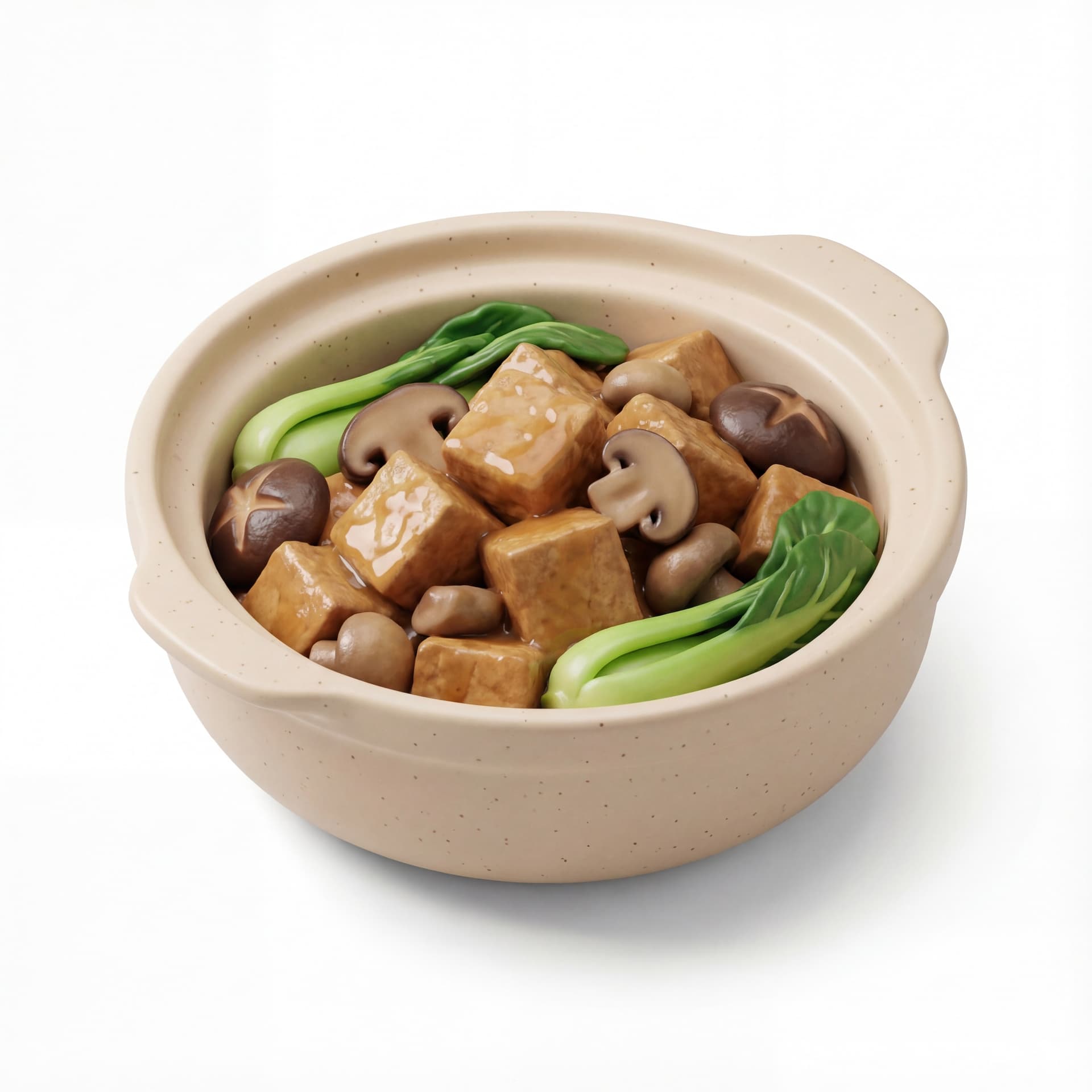A cartoon serving bowl containing braised tofu with tofu cubes, mushrooms, bok choy stems, and light savory sauce