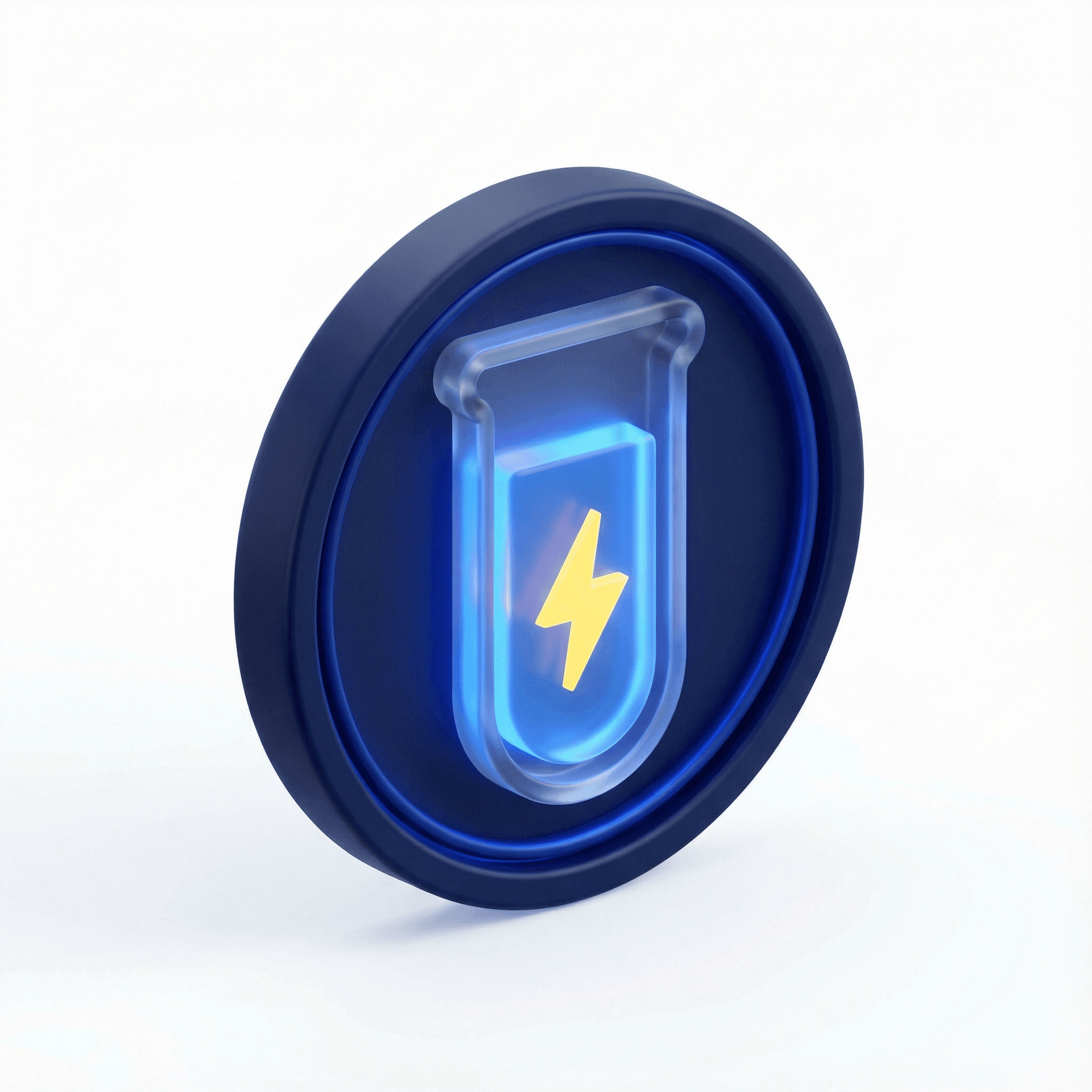A modern, clean icon logo for "One Minute Labs". A stylized laboratory glass beaker or test tube. Inside the glowing blue liquid in the beaker, there is a bright, energetic yellow lightning bolt symbol suggesting rapid reaction and power. Thick, confident lines. The style is futuristic tech-science. The background is a deep dark blue circle. No text, just the symbol. Glowing effect, flat vector illustration style. --ar 1:1