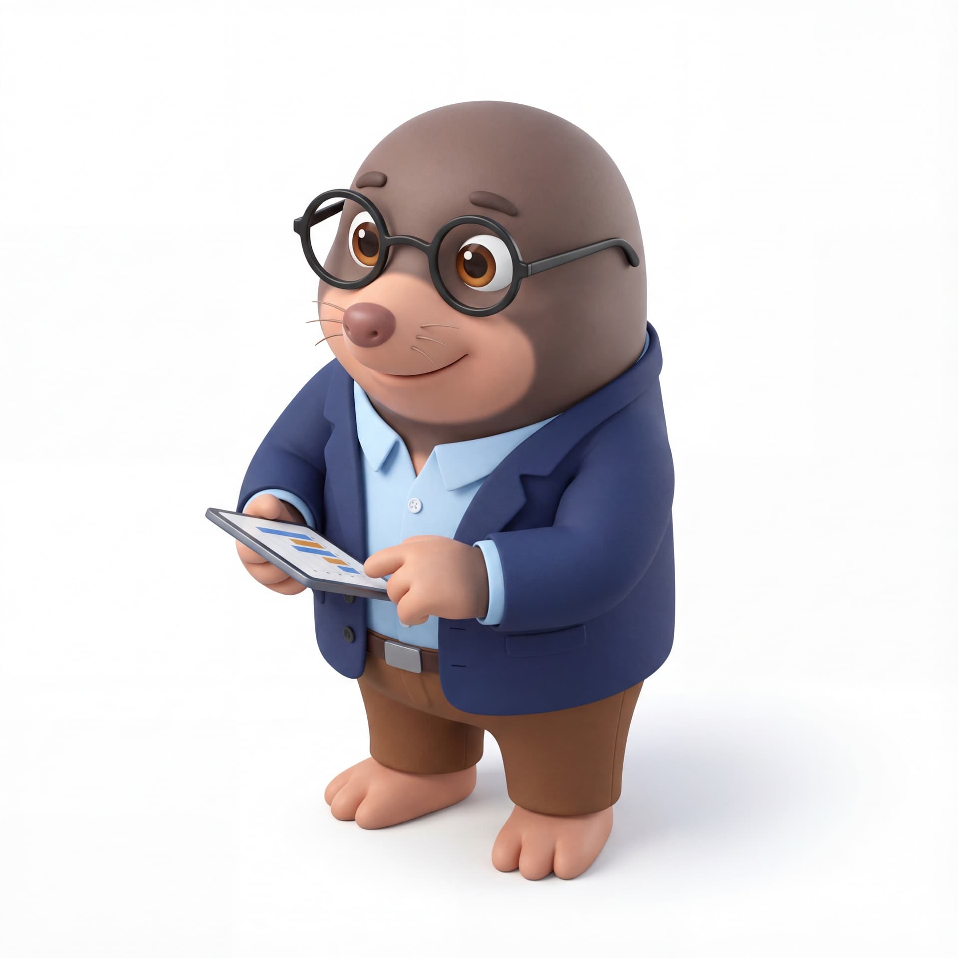 A cute cartoon mole mascot character dressed as a data analyst, wearing smart casual clothing and glasses, full body, front-facing, rounded proportions, big expressive eyes, soft shading, thoughtful confident smile, centered composition, isolated on a white background.