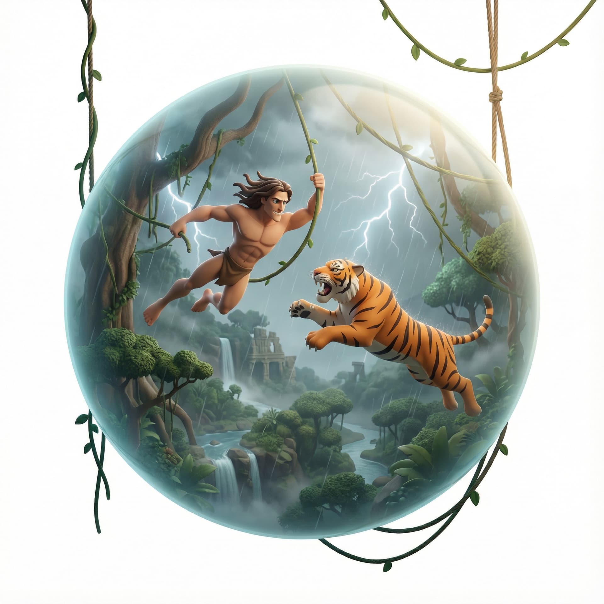 a suspended, adorable three-dimensional stylized vignette of Tarzan vs tiger in the jungle, higlighting its legendary signature moments. Amplify the mood through environmental effects and atmospheric conditions.