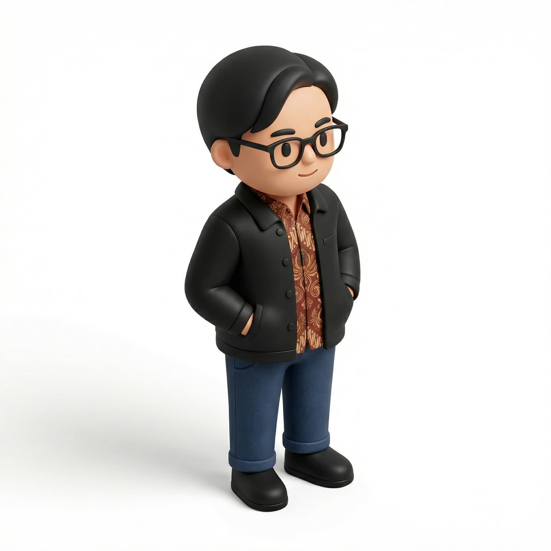 A friendly 3D male character stands full-body beside a large smartphone slightly taller than his shoulder. Shown in a three-quarter view facing the phone, he touches the screen with one hand while the other gestures outward as if explaining. He wears rectangular glasses, a dark navy-blue jacket, slim jeans, and sneakers. His posture is relaxed and confident, with a focused yet approachable expression. A bright blue background creates a clean, modern look.
