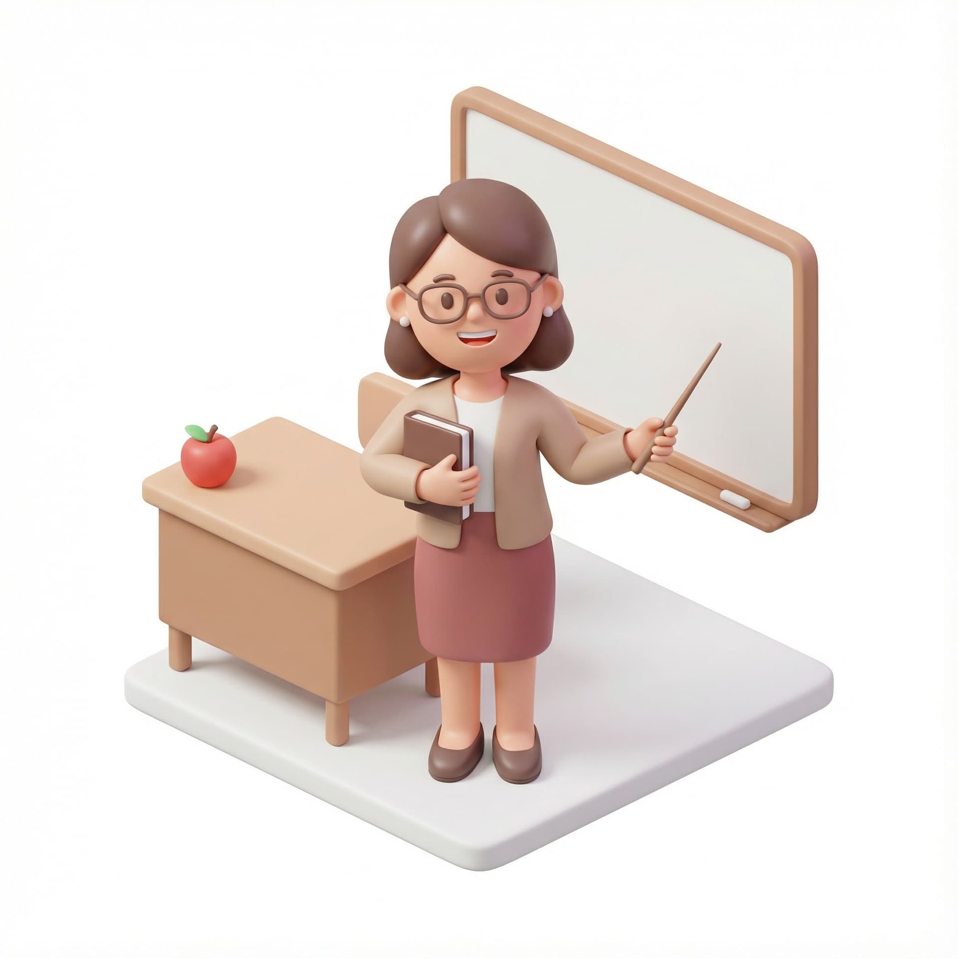 adorable 3d isometric illustration of a female teacher, high-poly, soft lighting, transparent background, 300 dpi