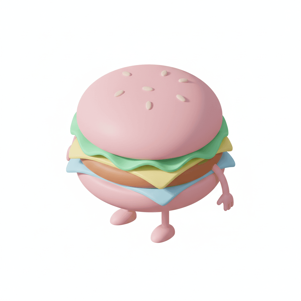 a pastel flat isometric burger with tiny arms and legs