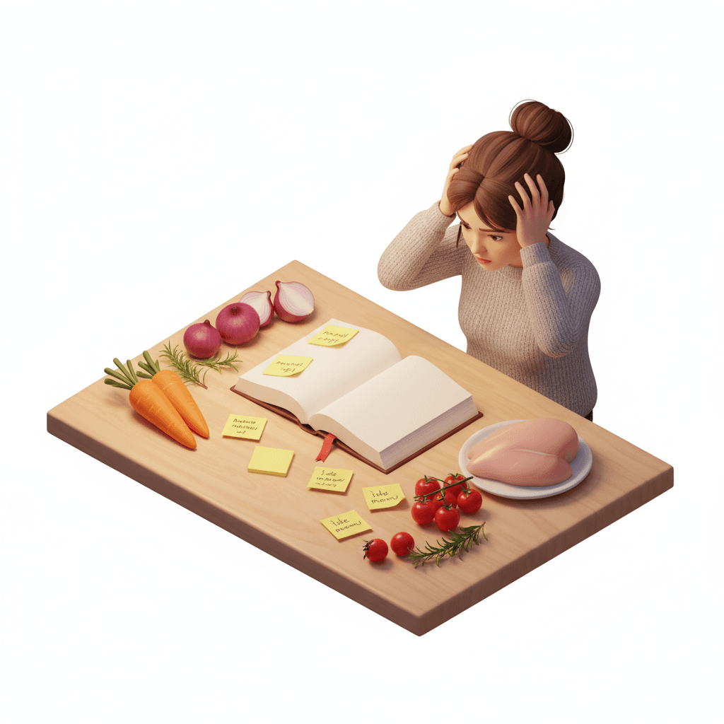 meja dapur dengan buku resep terbuka, sticky notes bertuliskan ide menu, bahan makanan berserakan seperti wortel bawang ayam, ibu memegang kepala bingung, warm kitchen lighting, cozy yet chaotic, realistic scene, lifestyle home photography