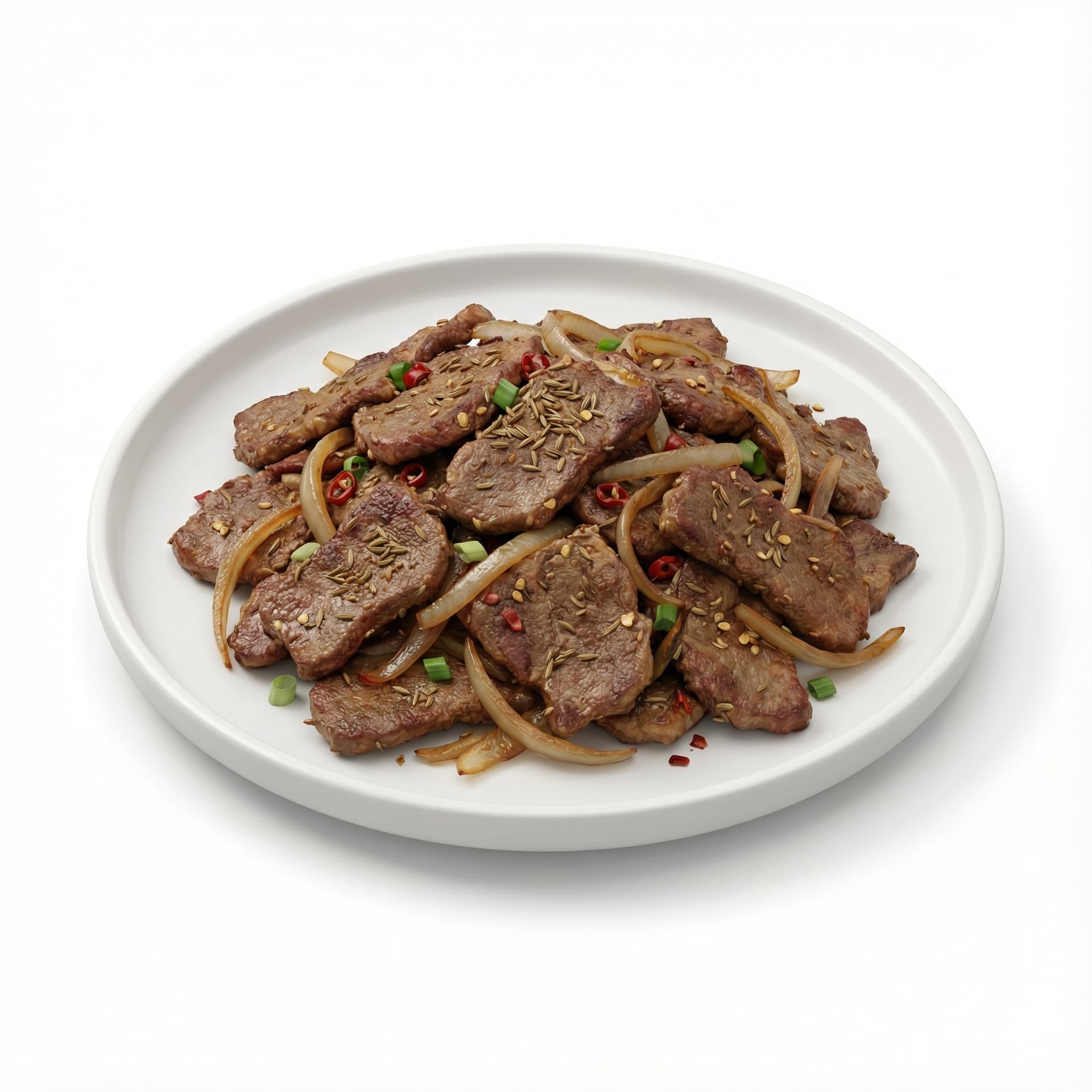 A plate featuring Xinjiang-style lamb stir-fry with lamb slices, cumin seasoning, onion strips, and red chili flakes.