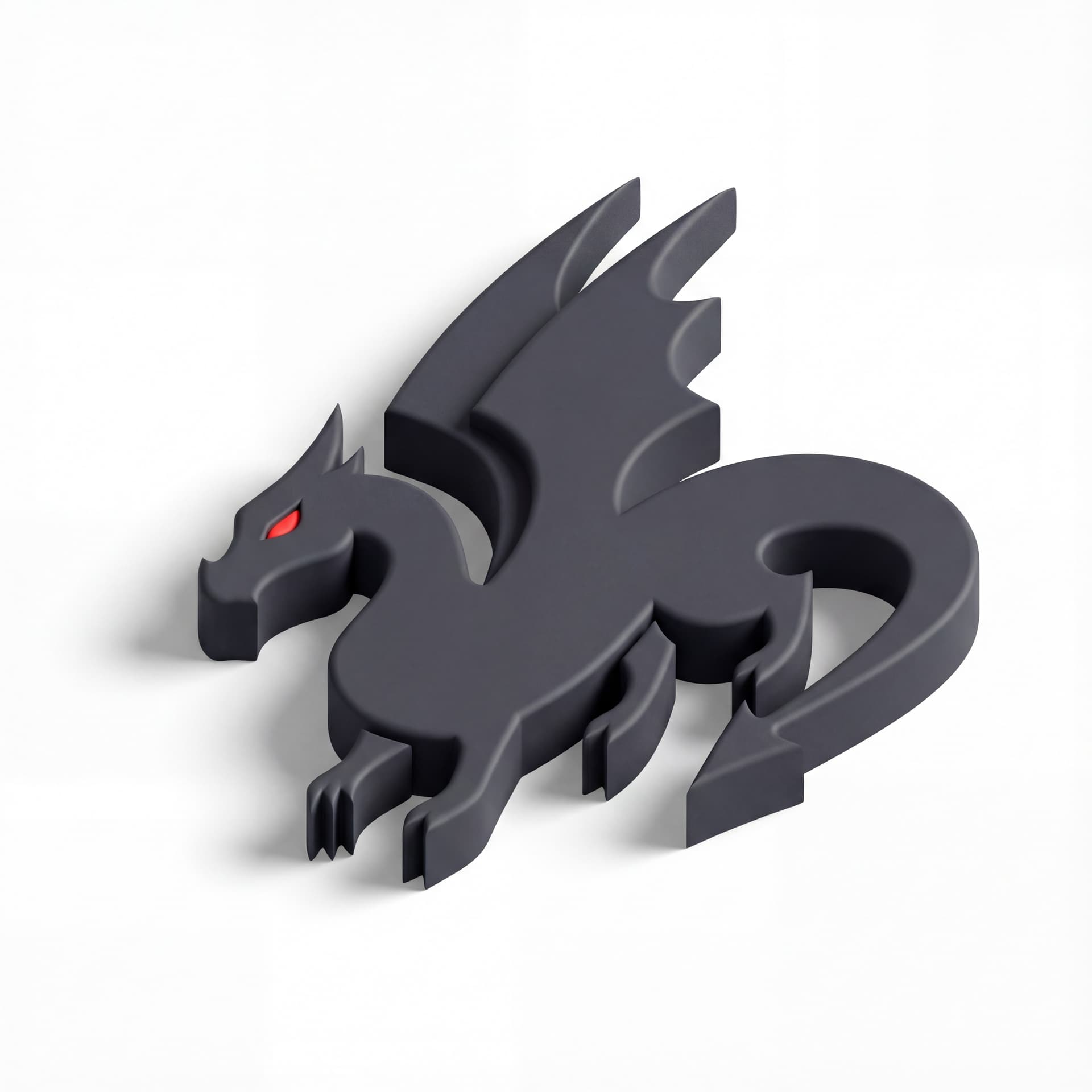 shadow dragon with matte charcoal body, sharp angular wing shapes, and glowing red slit eyes.