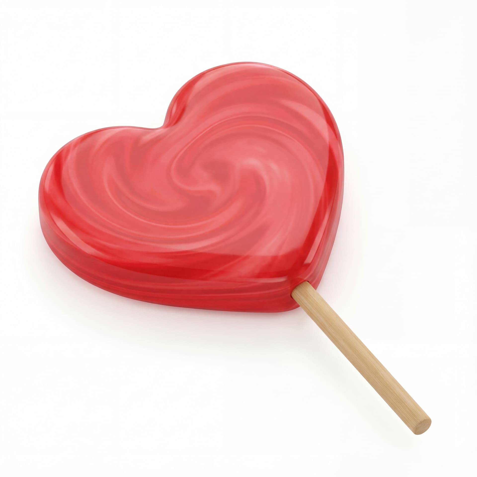A heart-shaped lollipop item with a thick rounded candy shape, glossy surface, straight stick centered at the bottom, isolated on a white background.