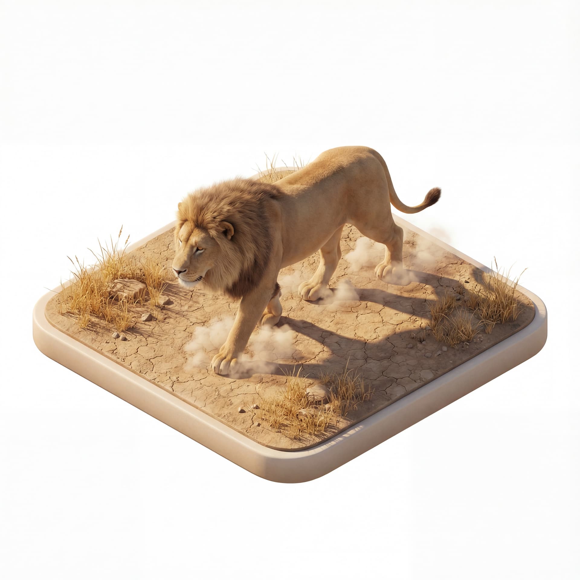 An isometric normal lion walking forward on dry savanna ground, subtle dust puffs rising from each step with soft afternoon shadows.