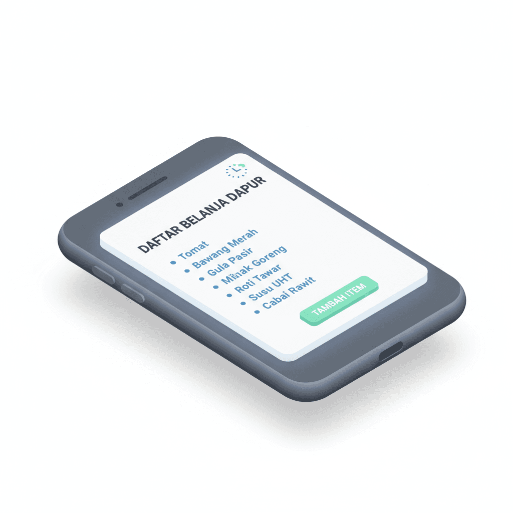 Notes atau aplikasi catatan belanja. Isinya daftar kebutuhan dapur yang selalu berubah tiap jam.