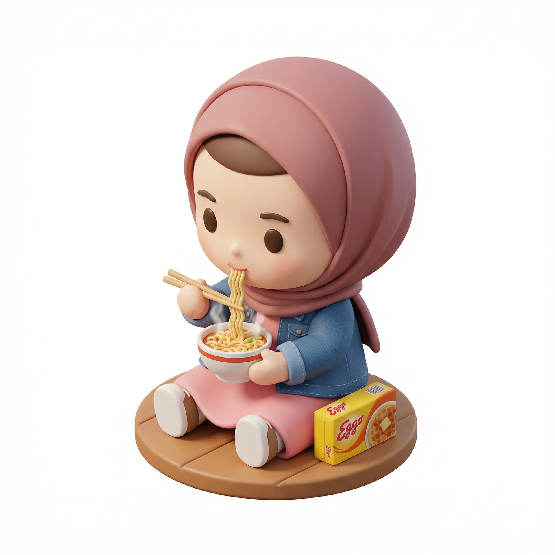 eleven from stranger things using a hijab while eating instant ramen in chibi style