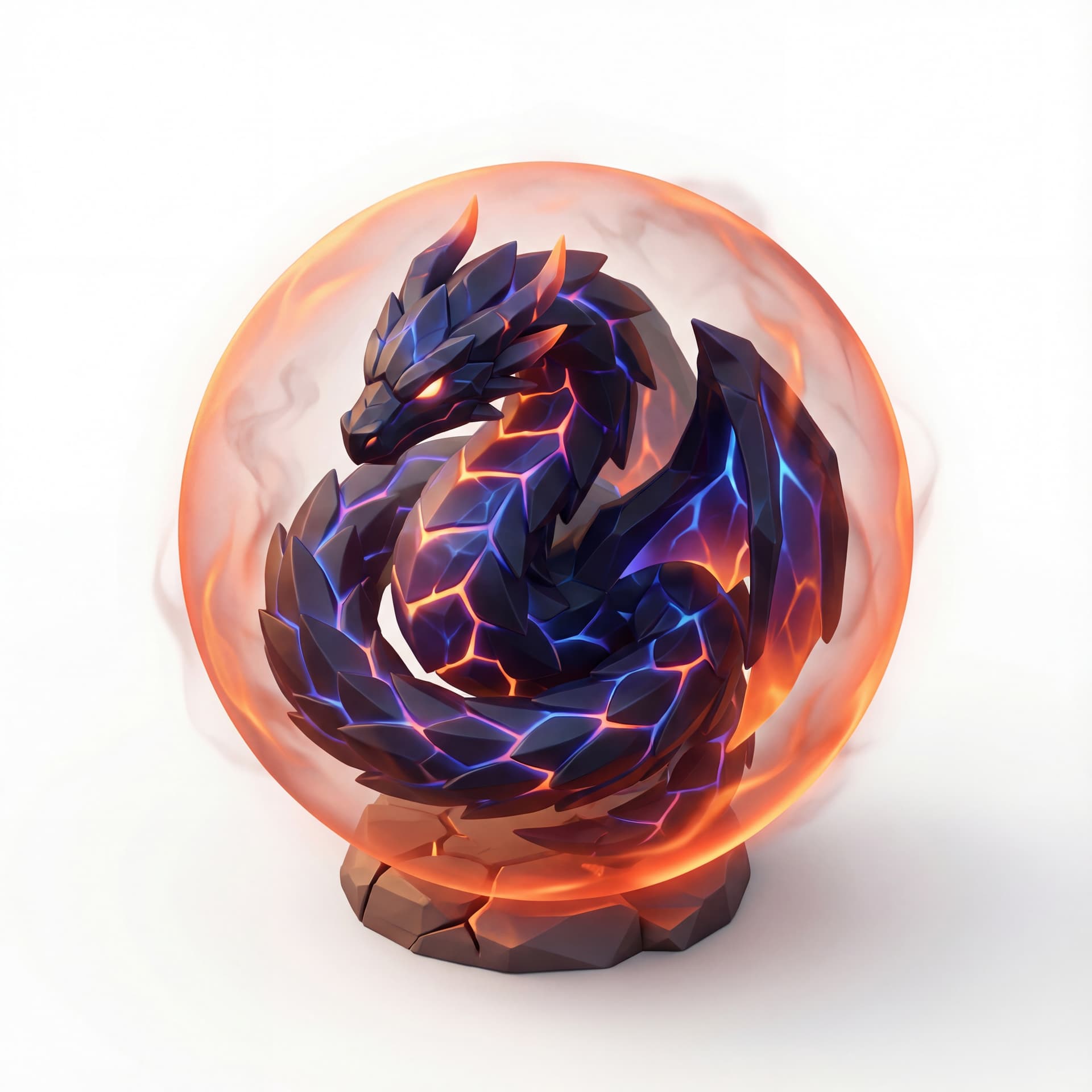 An isometric dragon with obsidian scales and fracture-light patterns coiled inside a smoldering ember aura symbolizing rebirth from destruction.