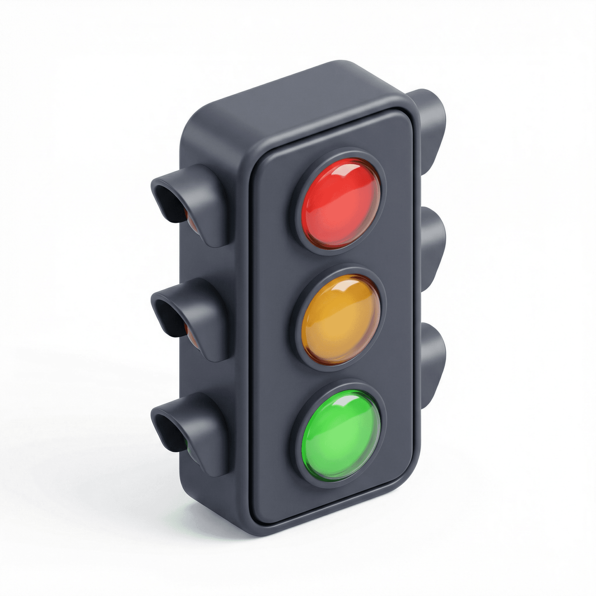 A high-quality 3D render of a modern traffic light icon, designed in a minimalistic and slightly cartoonish style. The traffic light has a dark matte gray rectangular body with softly rounded edges and subtle bevels. Three glossy circular lights are vertically aligned on the front: a bright red light at the top, a warm amber/yellow light in the middle, and a vivid green light at the bottom. Each light has a smooth glass-like surface with realistic reflections and highlights. The traffic light includes simple protruding side visors on both sides, giving it a stylized, toy-like appearance. The proportions are compact and clean, resembling an app icon or UI illustration. Rendered in a studio setup with soft, even lighting, gentle shadows, and a pure white background. The material quality is smooth plastic with subtle shading, no visible textures or scratches. Ultra-clean, modern, and polished look. High resolution, centered composition, isometric or slight perspective view, professional 3D product render, suitable for icons, UI design, or infographic illustrations.