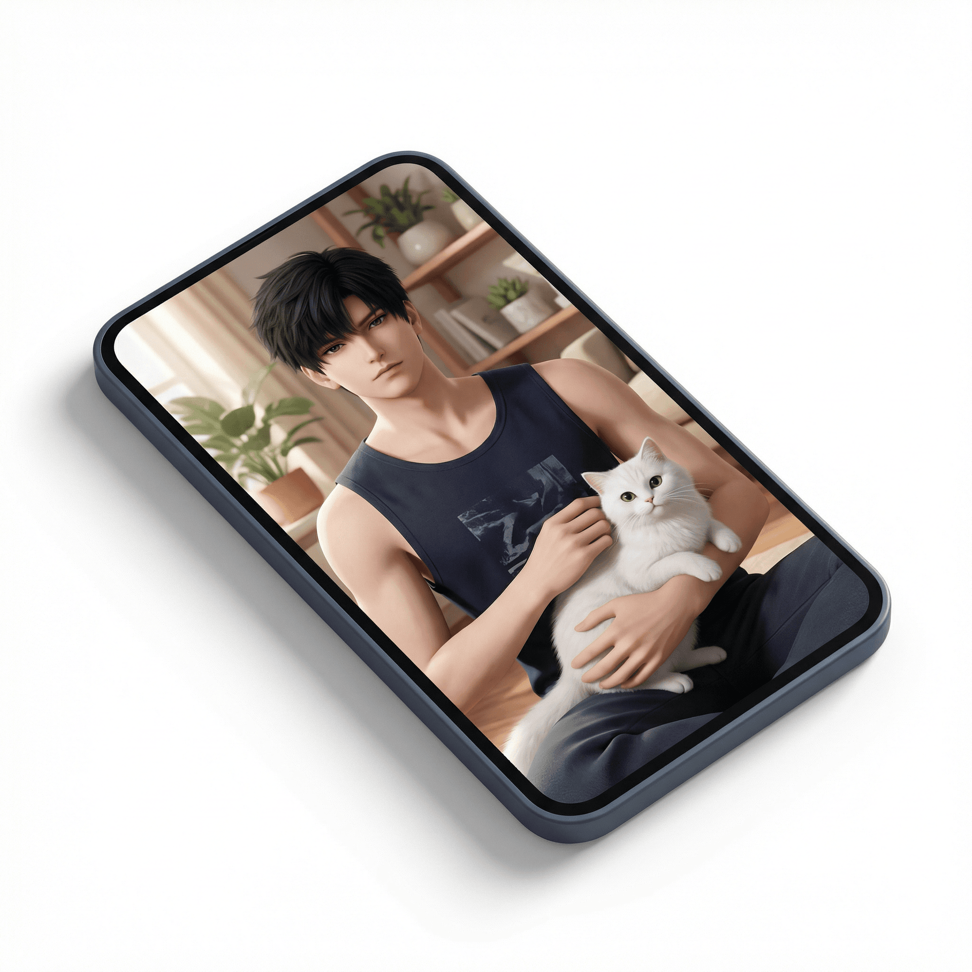 (Make a photo of this man without changing his face)
A hyper-realistic candid indoor lifestyle photograph of a young man casually on the floor while gently holding a fluffy white cat.

The man remains seated in the same relaxed position: one knee bent, torso slightly leaning forward, arms naturally wrapped around the cat. Body posture stays unchanged and natural.

His head is slightly raised and his eyes look directly into the camera lens, creating calm, cool, masculine, confident eye contact. Expression is composed, relaxed, candid, and intimate — not posed, not aggressive.

Hair is short, slightly messy black hair with soft texture and light natural volume, styled in a modern natural masculine look. Hair falls effortlessly over the forehead and subtly frames the sides, with realistic strand definition and natural flow.

He wears a sleeveless dark navy tank top featuring a subtle graphic motif on the chest area — minimal, slightly faded, casual streetwear-style print that feels natural and lived-in, not bold or flashy. The tank top naturally reveals athletic but realistic arms and shoulders, with soft fabric folds and accurate cloth texture.

Skin appears ultra-realistic with visible pores, smooth natural texture, soft highlights, and authentic skin tones. No beauty filter, no plastic or waxy skin.

The fluffy white cat with light cream undertones and green eyes rests comfortably in the man’s arms, fur texture soft and detailed, individual strands visible.

Lighting is soft natural indoor daylight coming from the side, evenly illuminating the subject with minimal shadows and gentle contrast.

Background shows a cozy modern home interior with indoor plants, a staircase with industrial elements, shelves, pet carriers, and personal household items. Background remains sharp, detailed, and realistic — not blurred.

Shot with a high-quality smartphone camera, eye-level to slightly high angle perspective.
Lens look around 28–35mm equivalent with deep depth of field.
Natural color grading with warm-neutral tones. No HDR, no cinematic grading.

Ultra-photorealistic, candid, cozy home lifestyle photography.
