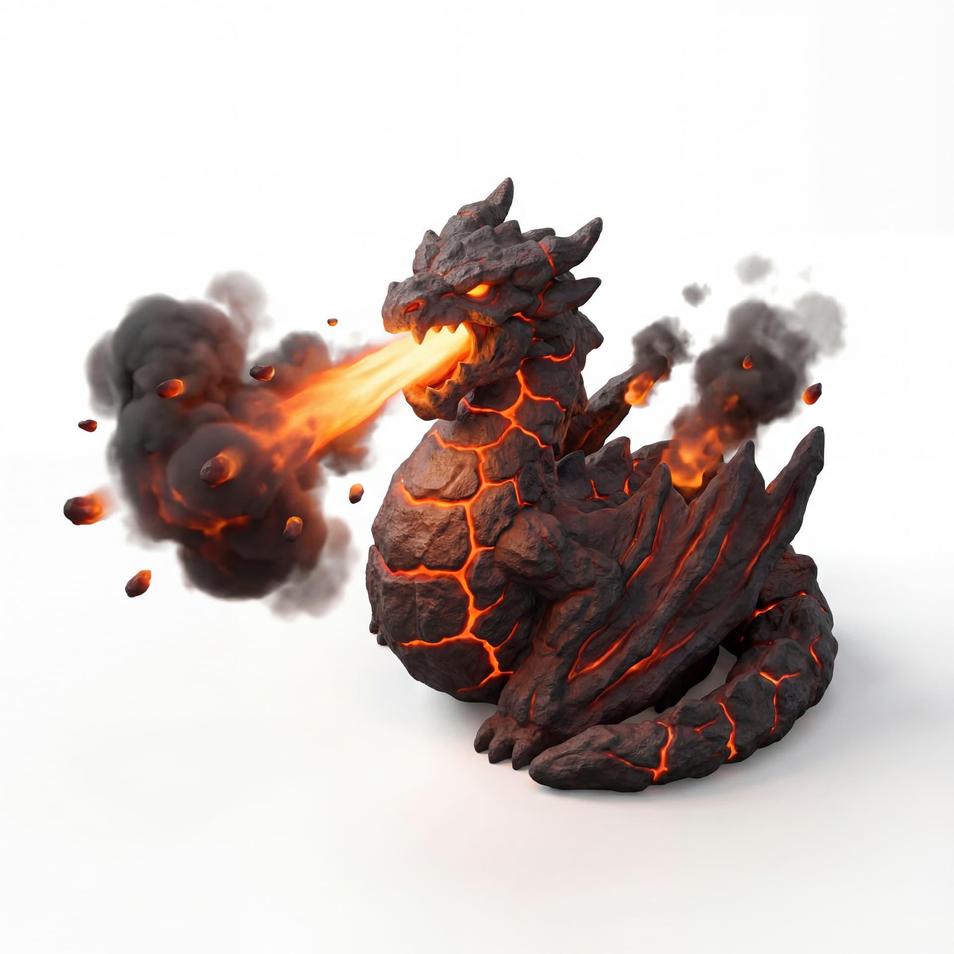 An isometric dragon with black volcanic rock scales and glowing magma veins roaring sideways while releasing a beam, surrounded by heavy smoke and drifting molten embers.