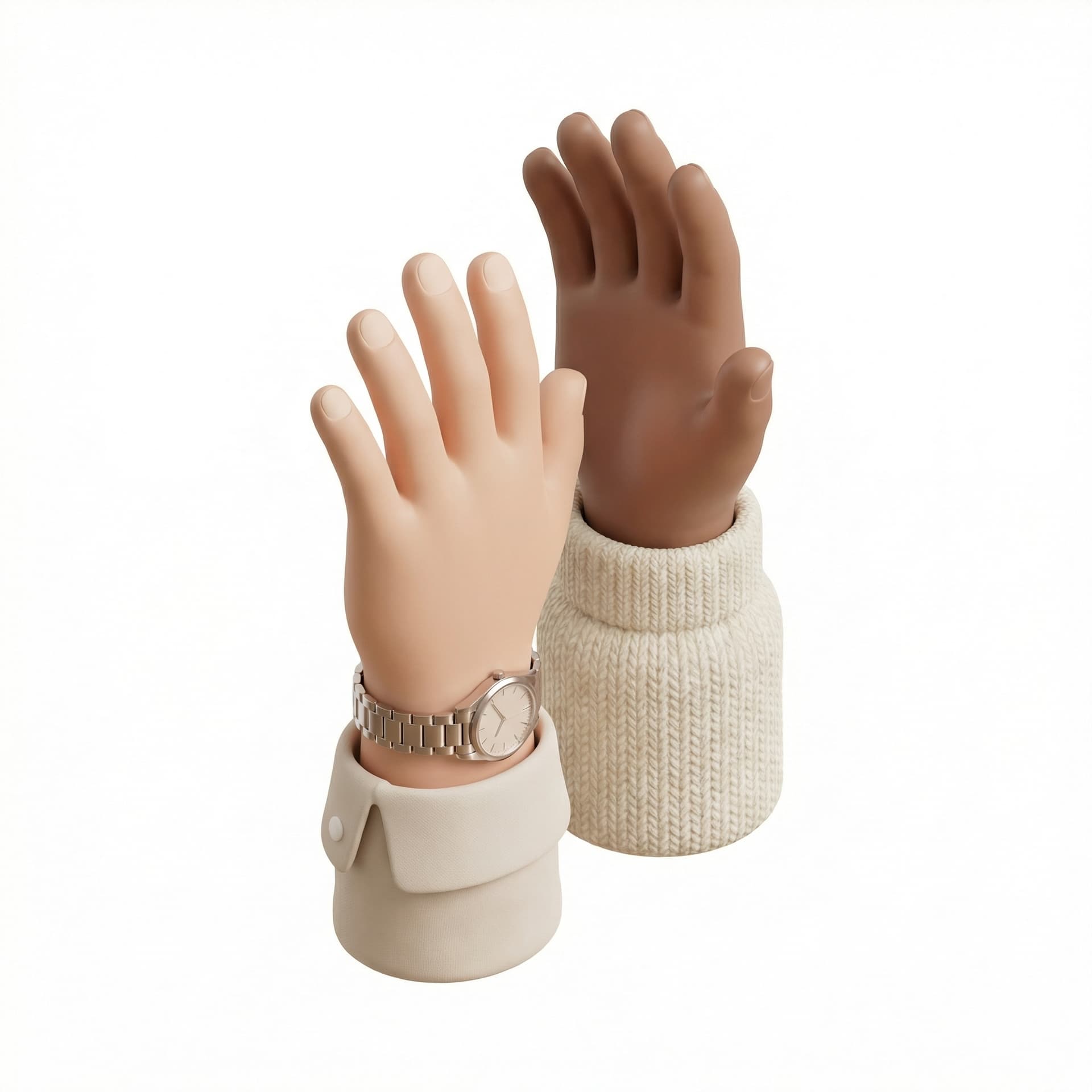 two different raising hands with two different skin colors. one of them is a bit more upfront. On the bottom you start seing the clothes like a shirt and a wool sweater for the other one. In neutral and light colors. You can add a watch with an italian metlaic bracelet in one of the wrist. In a super realistic and detailled style