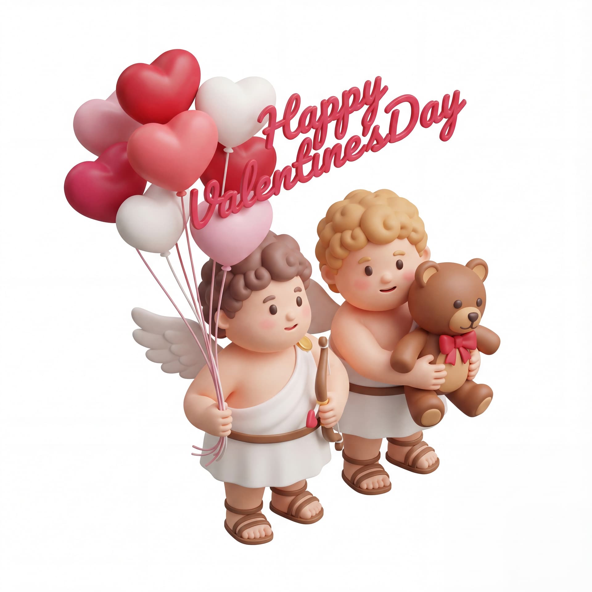 A full-body portrait of a cute couple of Cupid characters standing close together, one Cupid holding balloons and the other hugging a teddy bear, with “Happy Valentine’s Day” integrated into the balloons’ strings, isolated on a white background.