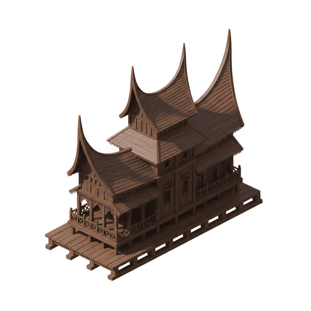 The Seri Menanti Royal Museum in Negeri Sembilan — a traditional Malay palace built entirely of wood, with multiple tiers and sweeping Minangkabau-style curved roofs.