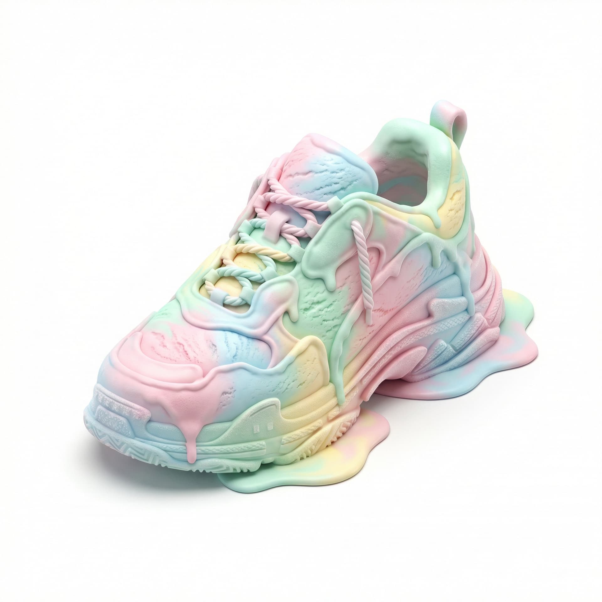 A Sneaker made of melting ice cream, 3D cute render, pastel color