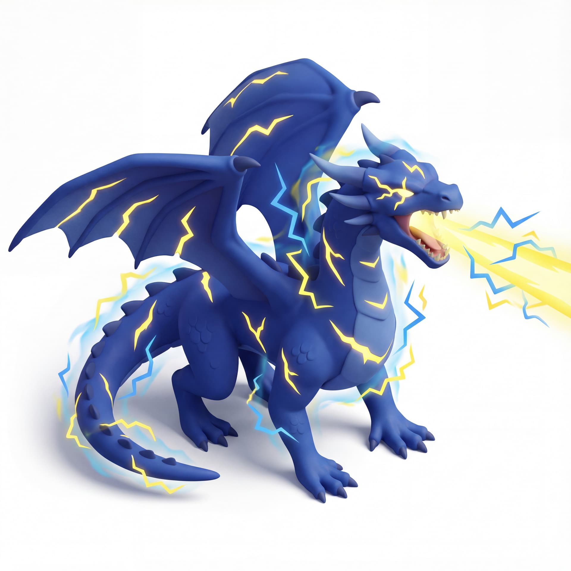 An isometric electric dragon with deep cobalt scales and bright yellow lightning scars roaring sideways while releasing an energy beam, surrounded by jagged lightning bolts and vibrating electric haze.