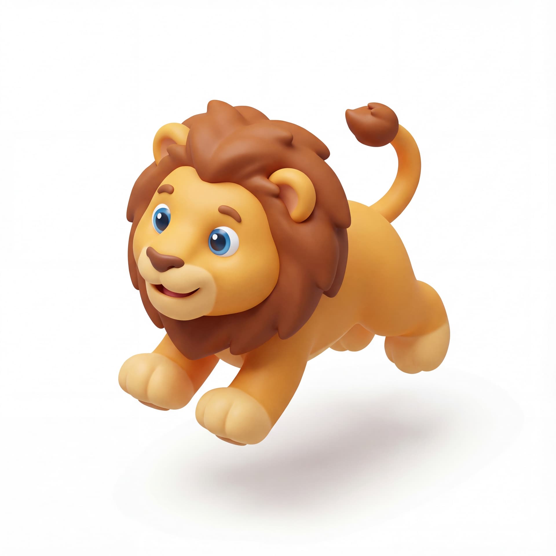 An isometric cute cartoon lion captured mid-bounce with rounded paws slightly off the ground, smiling with bright friendly eyes.