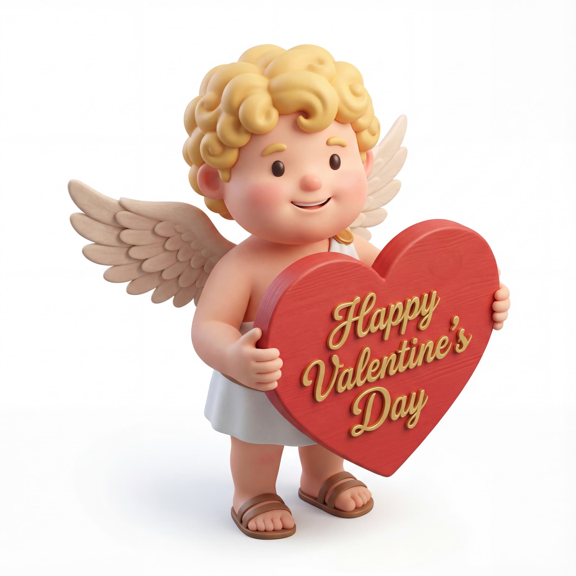 A full-body portrait of a cute Cupid character presenting a large heart-shaped sign, the sign containing the text “Happy Valentine’s Day,” friendly welcoming posture, isolated on a white background.
