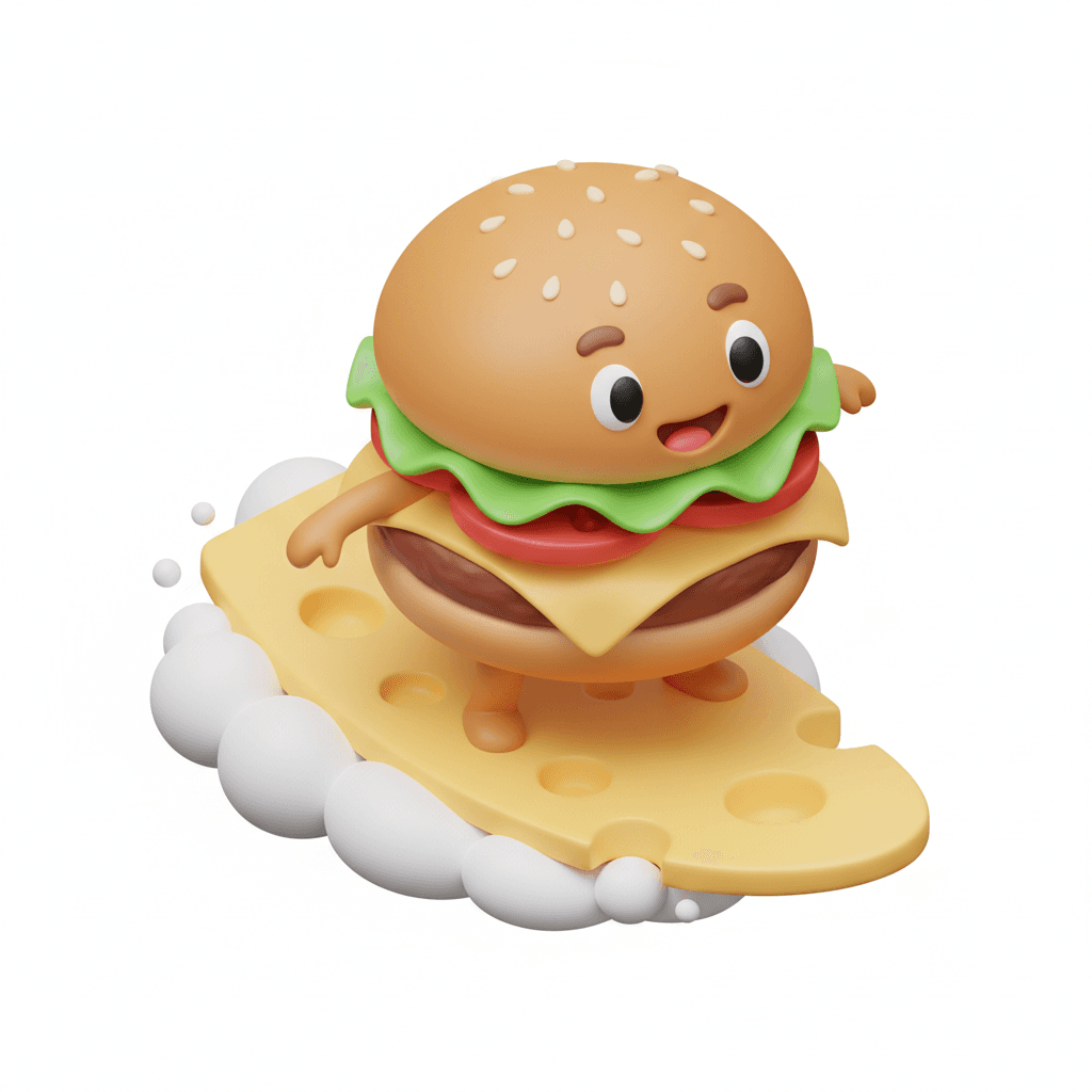 isometric cartoon-style icon of a burger character riding a slice of cheese like a surfboard