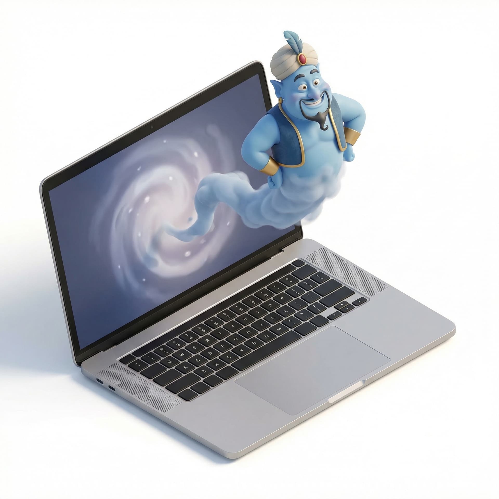 A funny 3D illustration of a Genie floating out of a magic lamp (or a laptop).