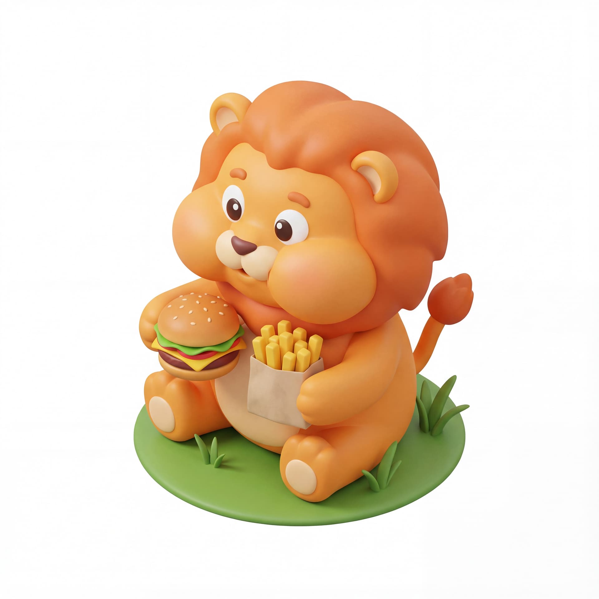 An isometric fat cute cartoon lion sitting with chubby cheeks while holding food in both paws, eyes wide and happy.