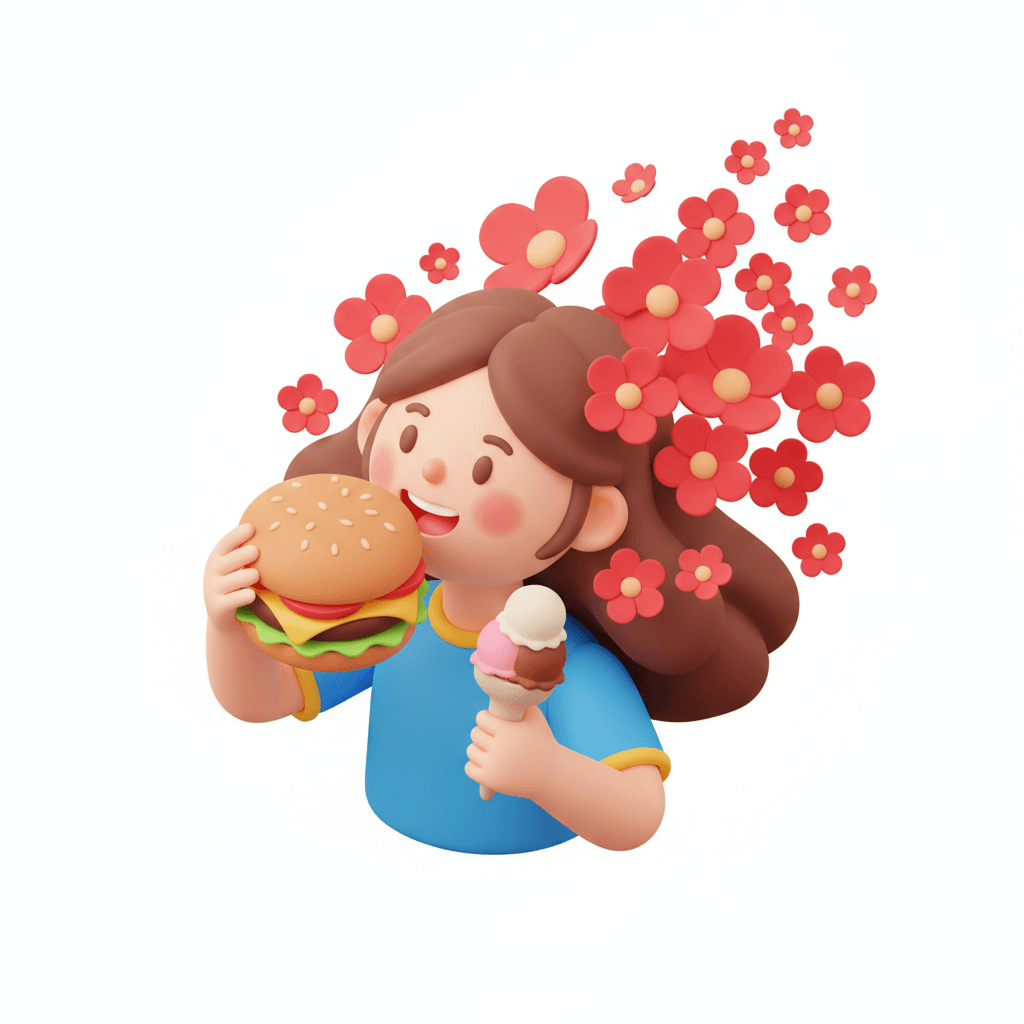 a bold-colored isometric icon of a smiling girl enjoying food with red flowers floating