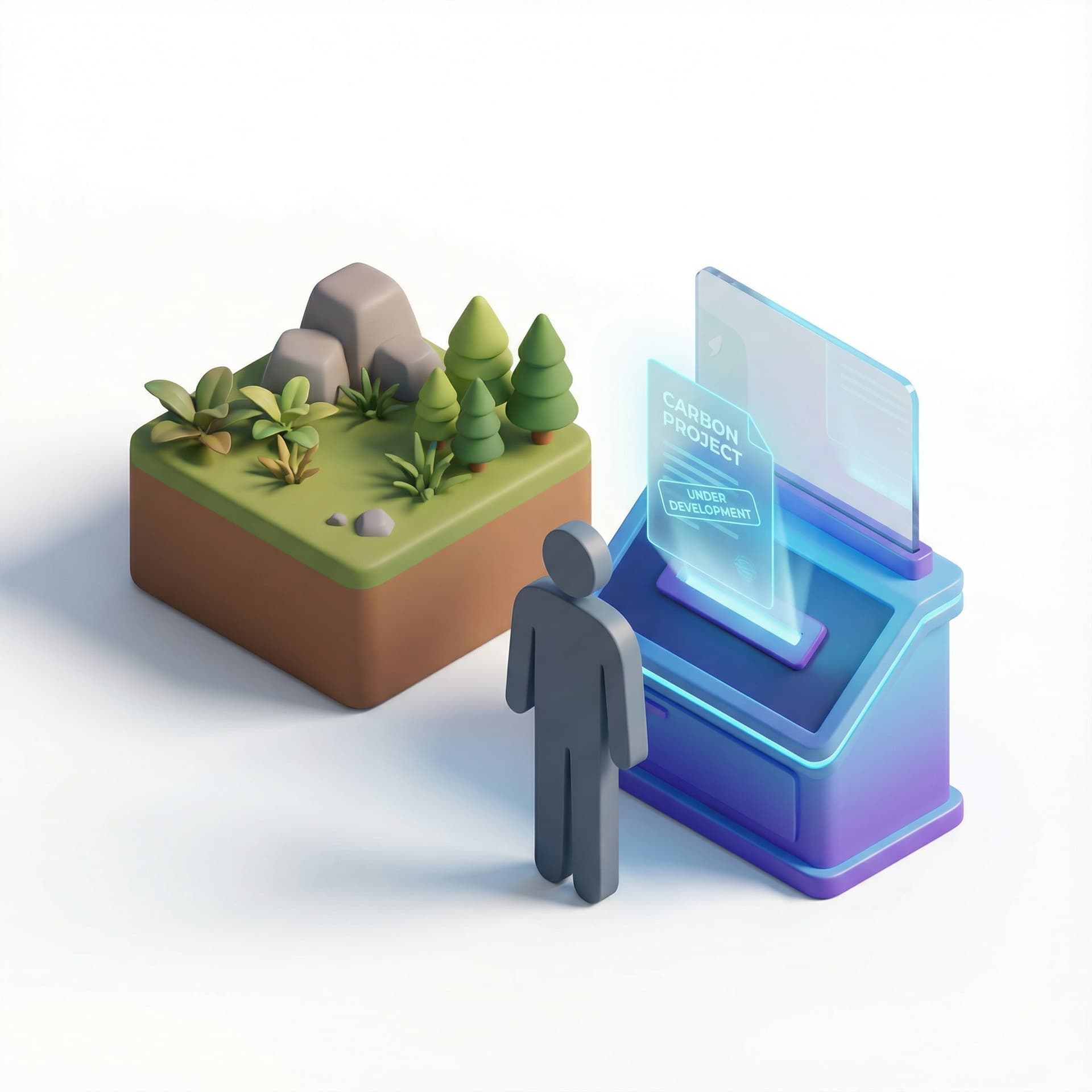 Hyper-realistic 3D isometric icon showing a small terrain block representing local expertise. On the right side, place a futuristic computer terminal or hologram console. Show a human figure silhouette (clean, simplified, non-detailed) interacting with the console. A glowing holographic document labeled CARBON PROJECT and UNDER DEVELOPMENT is being inserted or uploaded into the console, with a soft beam or slot effect