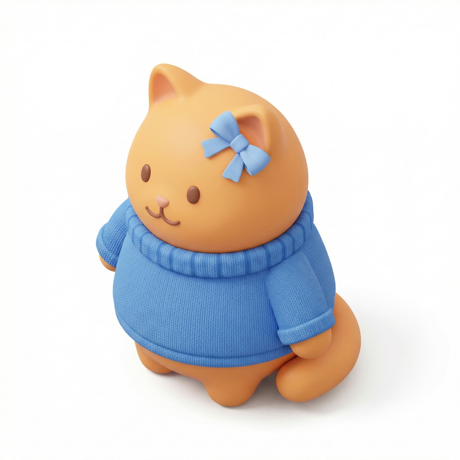 Tolong tambahin pita warna biru muda di salah satu telinga kucingnya, dan pakein baju sweater warna biru