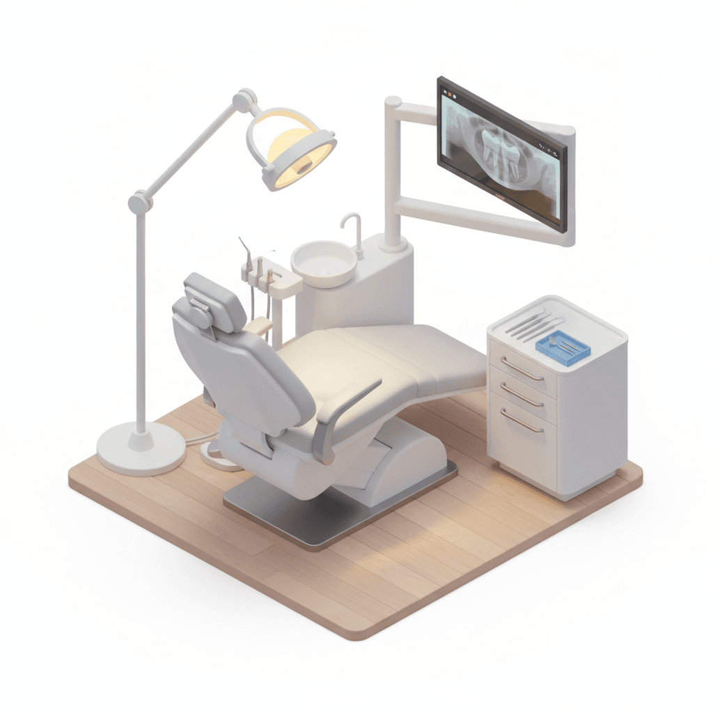 Detailed 3D isometric dentist chair scene with warm yellow clinical lamp casting gentle highlights, high-resolution monitor mounted on an adjustable arm, smooth materials, calm organized workspace, minimalist composition suitable for microstock libraries