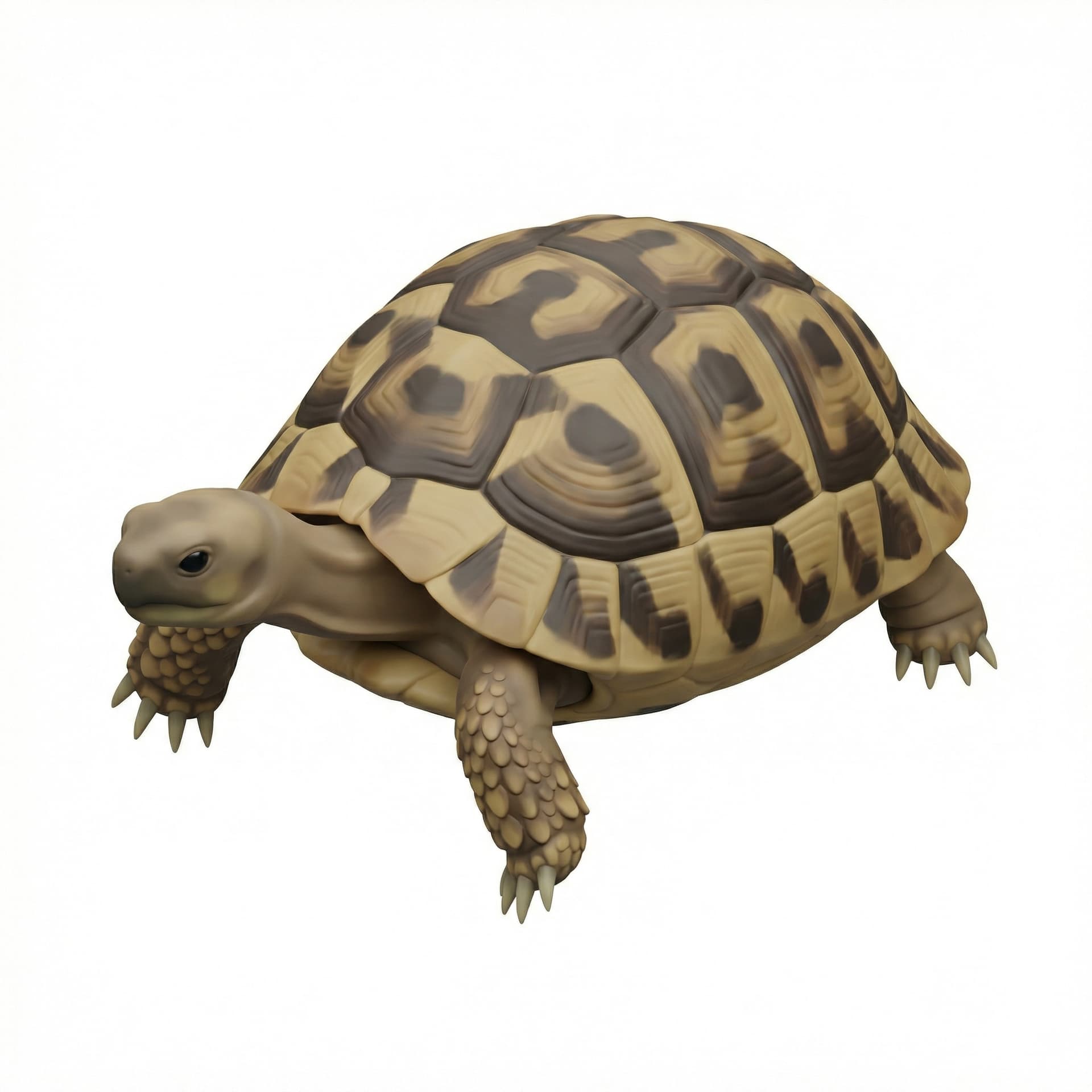 Isometric 3D illustration of a land tortoise, shown in a clean isometric perspective. The tortoise has a rounded, domed shell with geometric plate patterns, slightly simplified but still detailed. The shell colors range from warm brown to muted olive tones with soft gradient shading and subtle highlights.
The head is gently extended forward with a calm expression, featuring simplified facial details and small dark eyes. The legs are thick and sturdy, positioned naturally as if the tortoise is slowly walking, with visible scaled texture but stylized for clarity.
The overall form is slightly more compact and balanced than a realistic tortoise, emphasizing clean shapes and readability.
Minimalist isometric style, smooth surfaces, soft shadows beneath the body, consistent lighting from the upper left. No background elements, isolated object on a light neutral background.
Modern isometric icon illustration, clean geometry, professional, polished, suitable for UI design, educational graphics, or icon sets. No text, no logo, no watermark.
