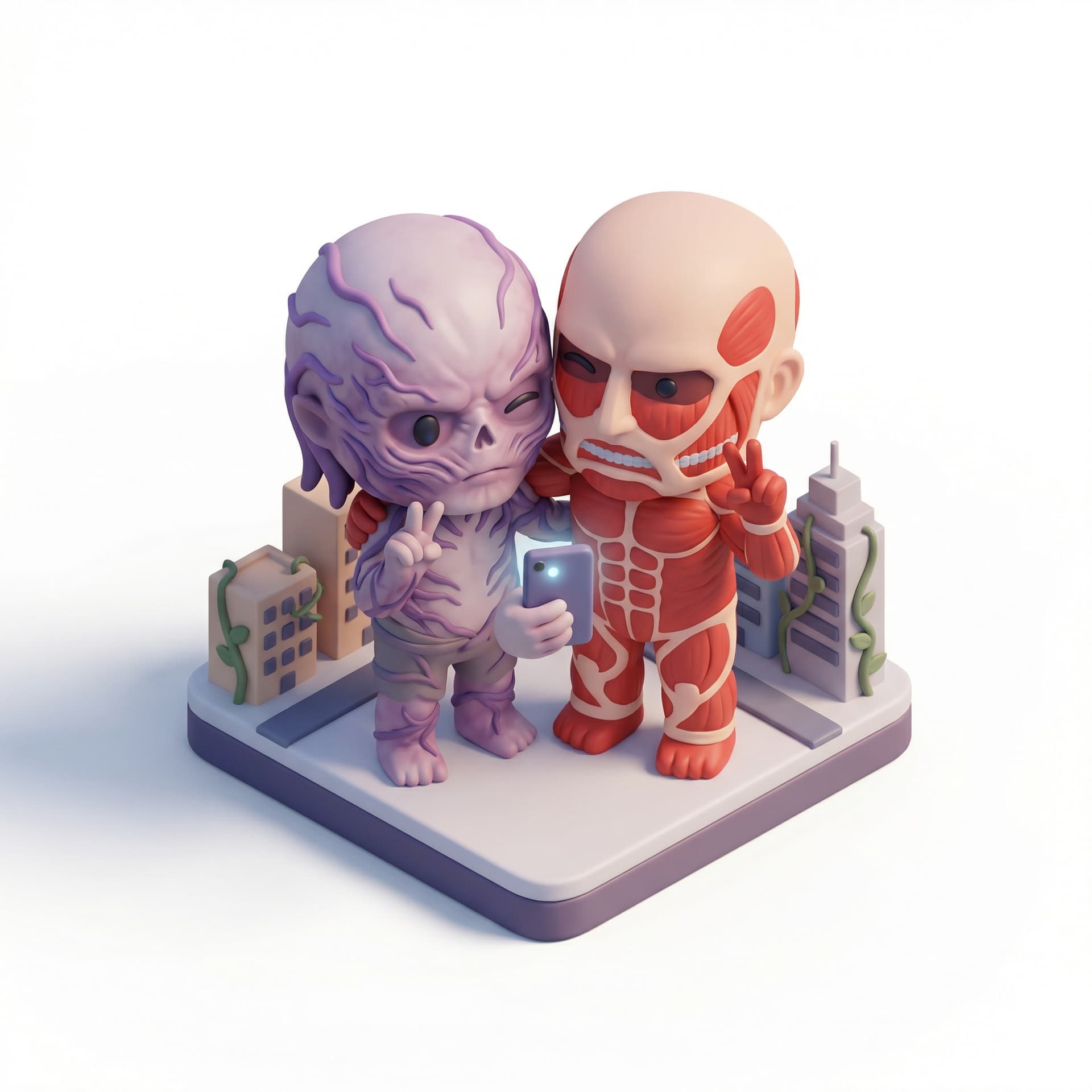 Vecna from stranger things and colossal titan from attack on Titan doing a selfie with cute poses, chibi style
