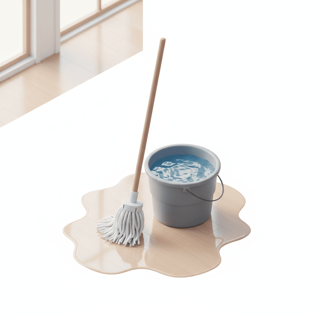 mop standing beside a bucket filled with water wet floor reflection clean minimalist home interior soft lighting