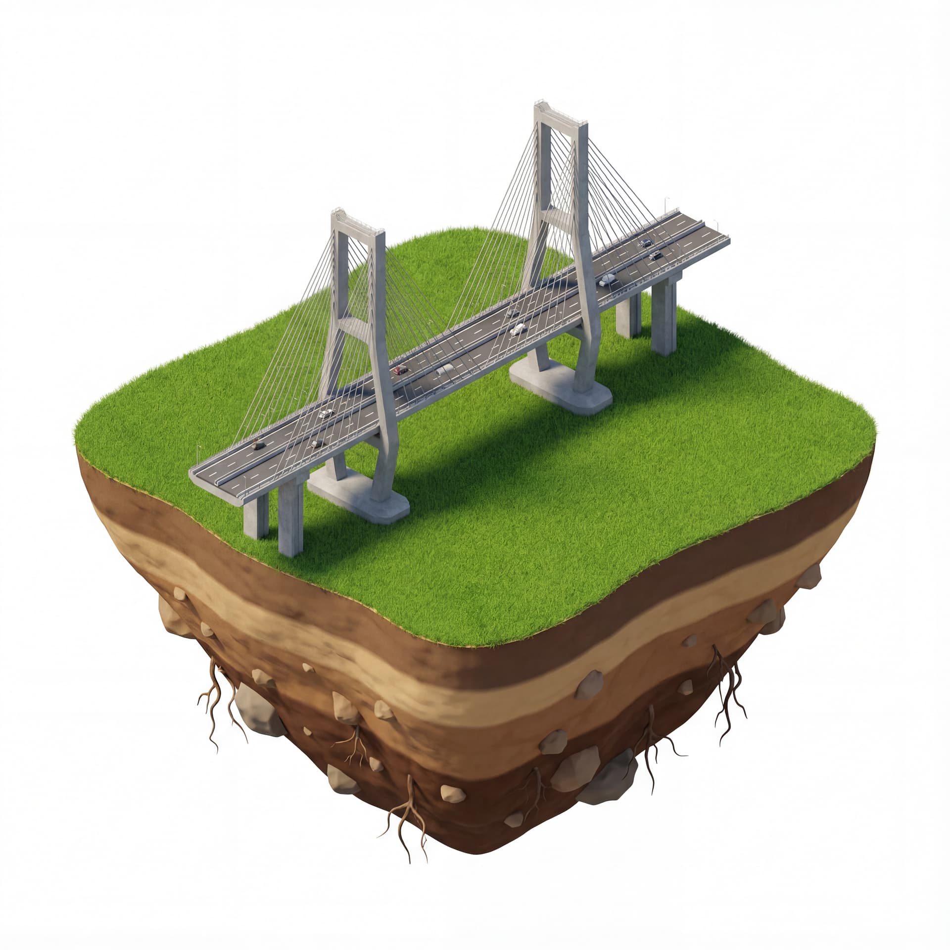 floating island base with layered soil + Suramadu Bridge