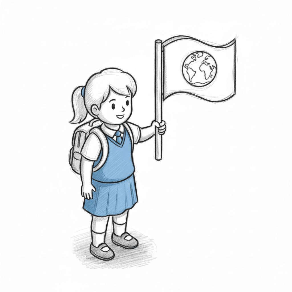 hand-drawn isometric sketch of a student in school uniform holding a waving flag
