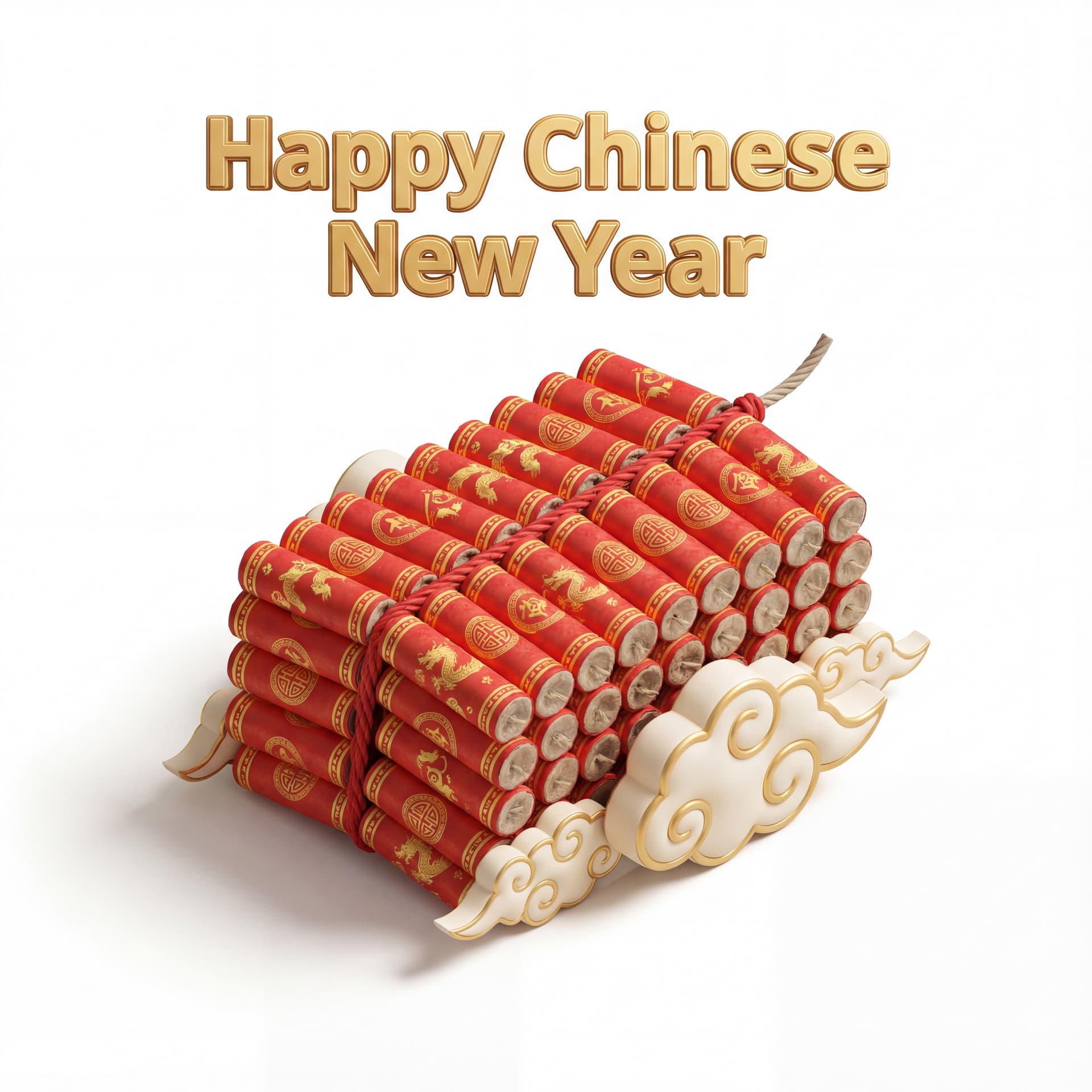 A full-body portrait of a festive firework bundle shown unlit, with “Happy Chinese New Year” arranged in bold centered text above the bundle, supported by light decorative cloud motifs, isolated on a white background.