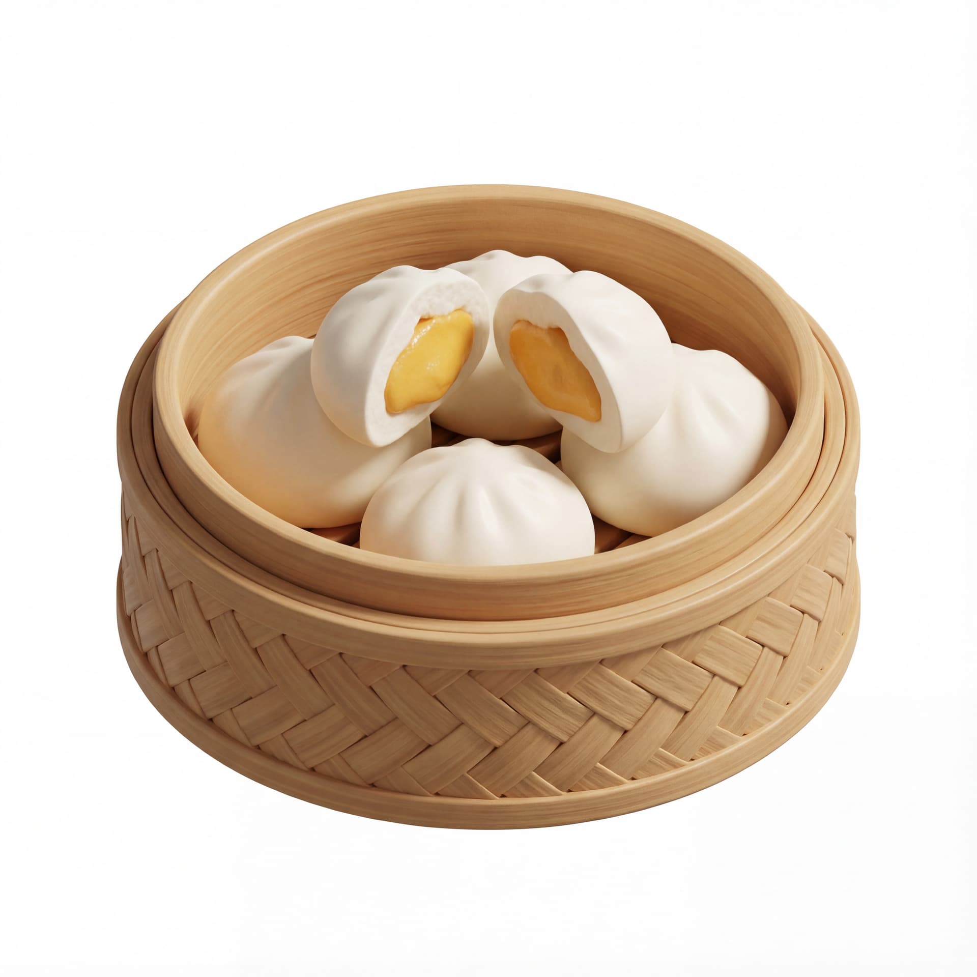 A bamboo basket containing steamed custard buns with smooth white buns and visible golden custard filling.
