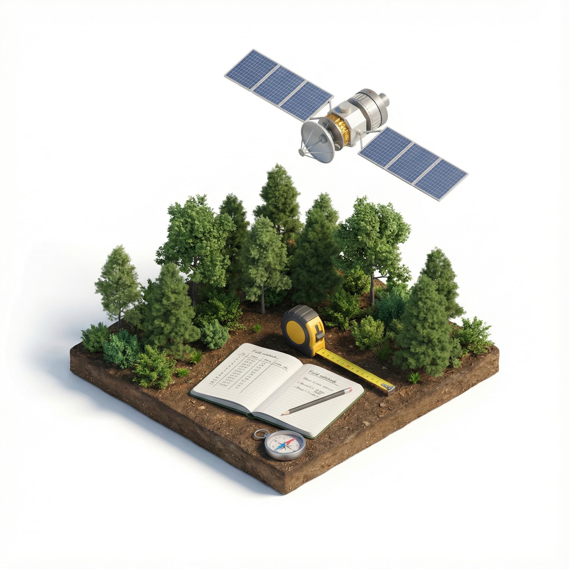 Mini satellite icon above forest tile + open notebook and measuring tools representing hybrid remote + on-site survey.