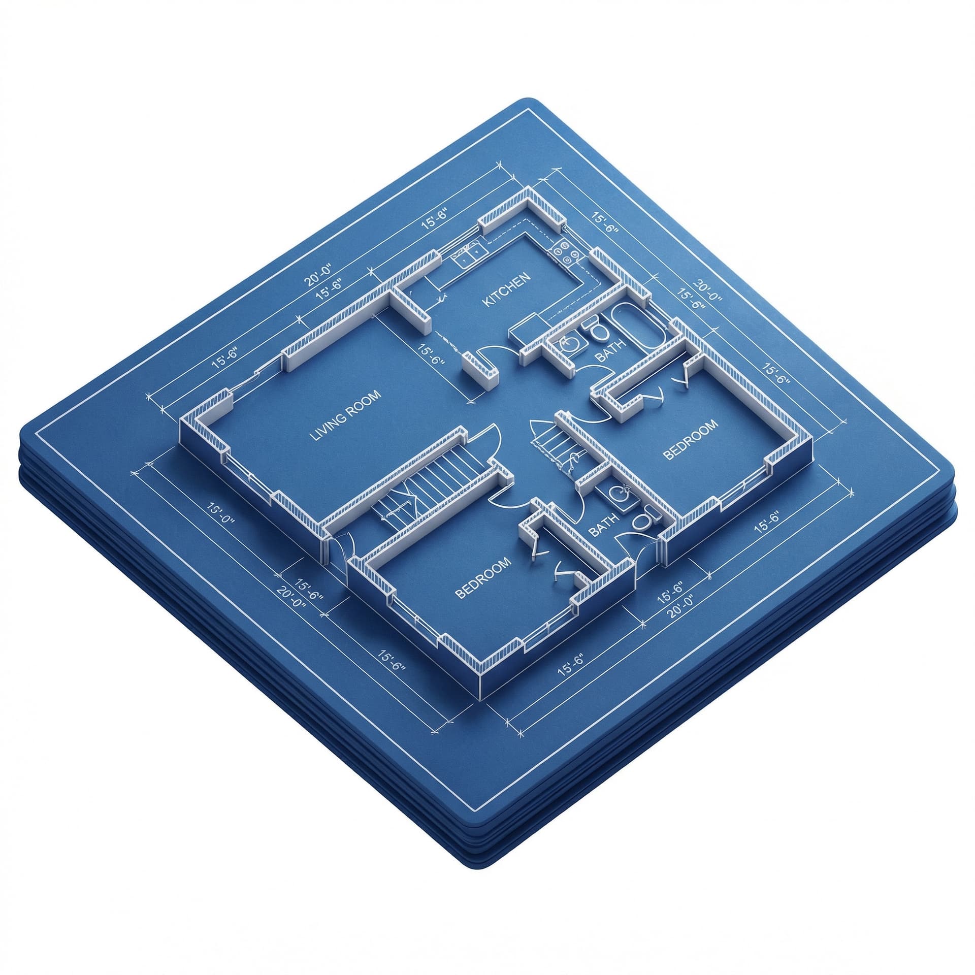 Isometric icon of a house floor plan, architectural blueprint, white outline, construction details, measurement lines, deep blue background.