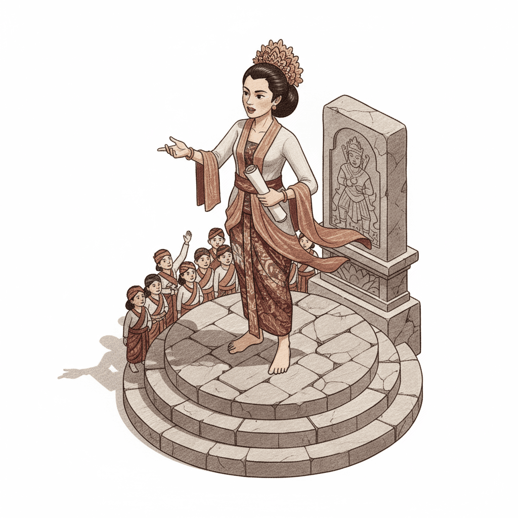 sketch-style isometric icon of a woman hero from Indonesian history giving a speech