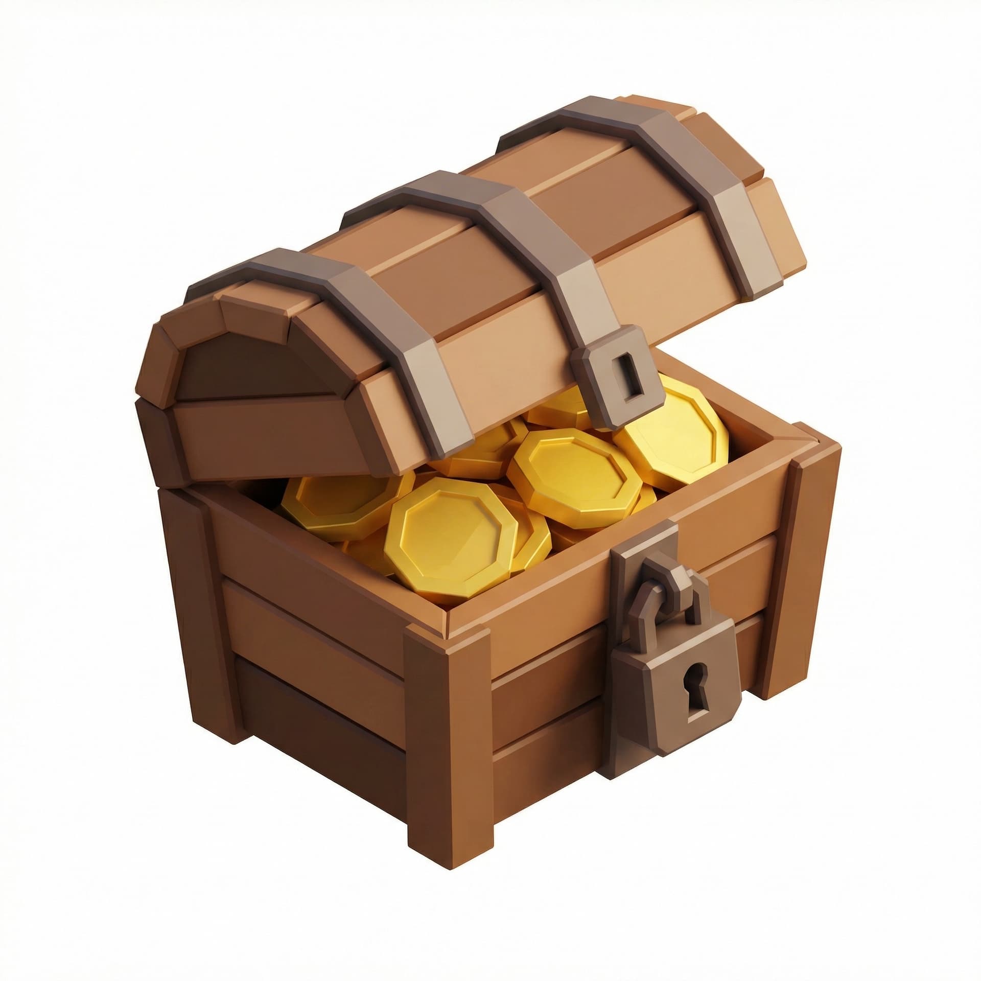 Isometric icon of a wooden treasure chest, low poly style, chunky gold coins, retro RPG game asset, sharp geometric shapes,
