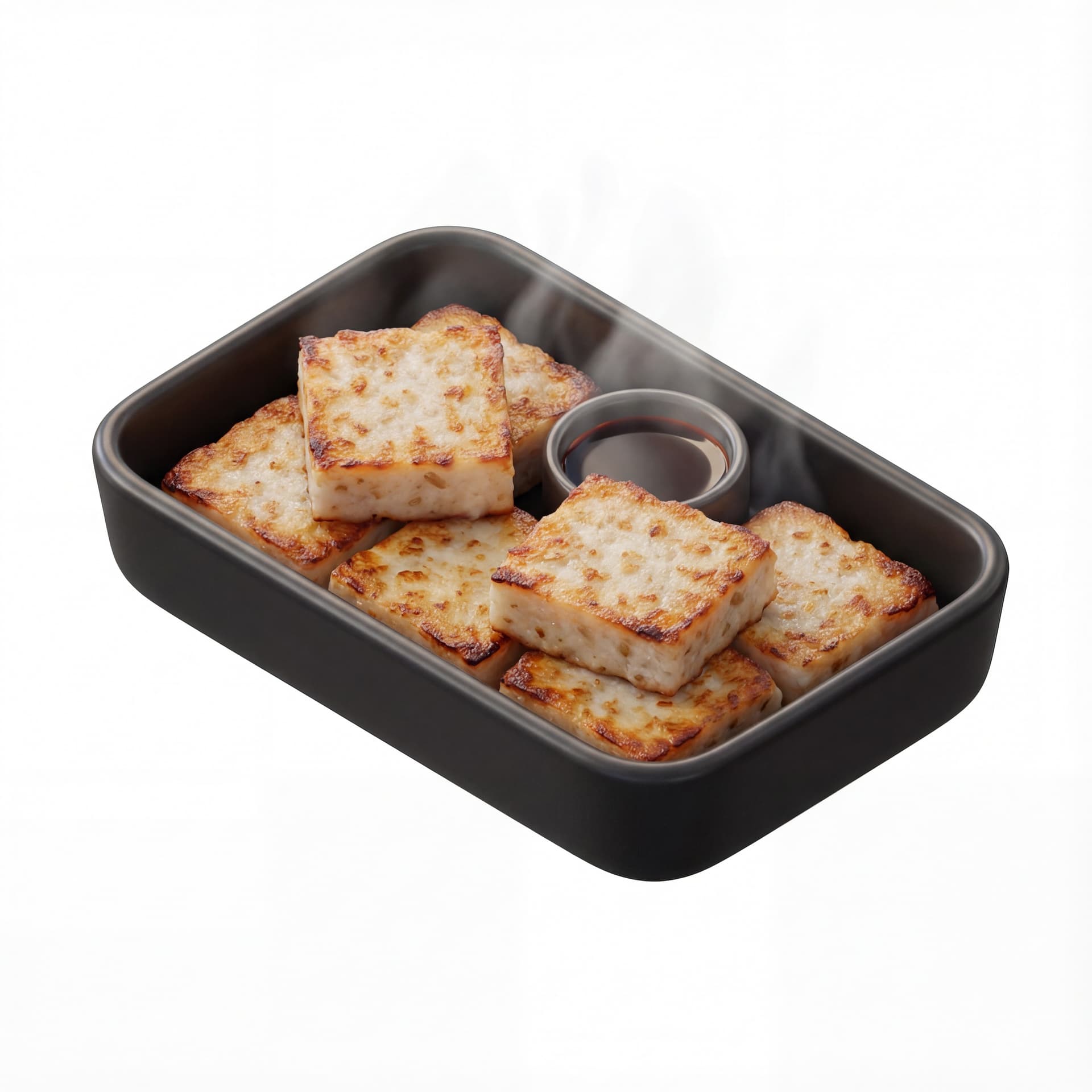 A black rectangular tray holding pan-fried turnip cake squares with crispy edges and small dipping sauce cup.