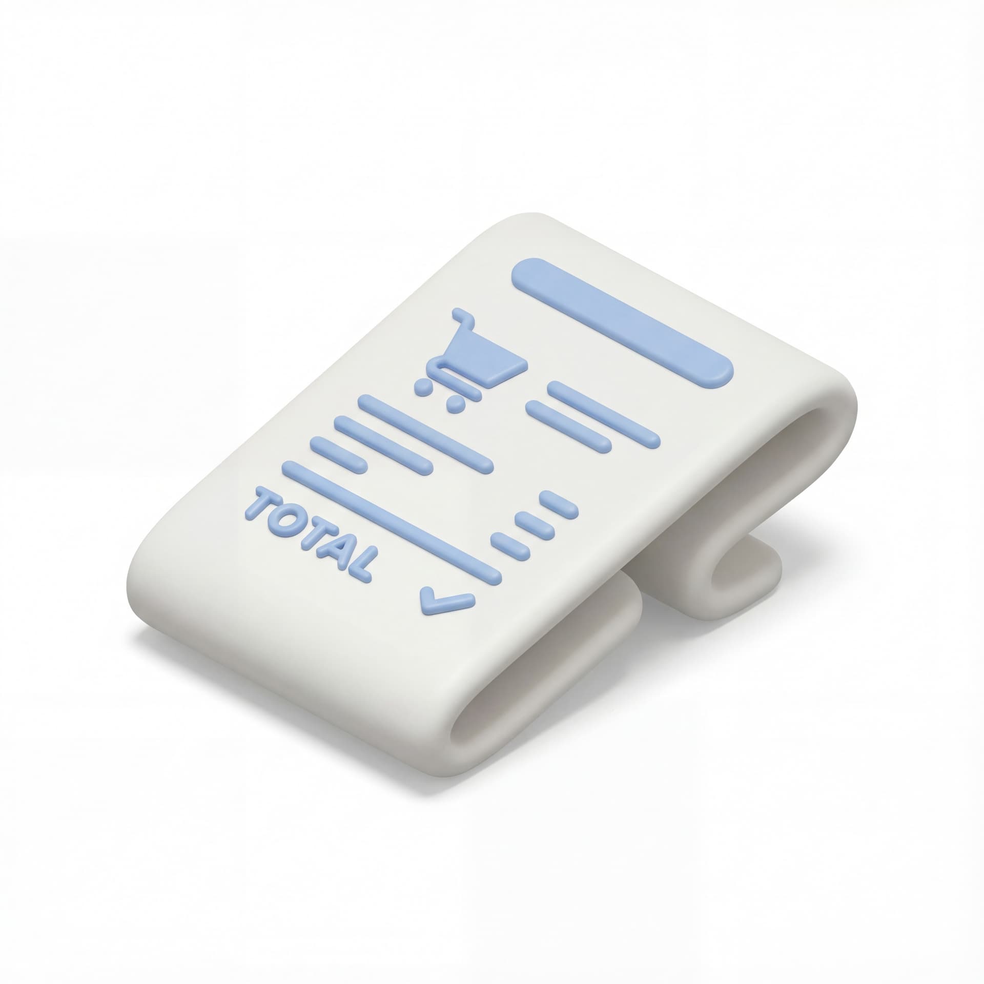 Ikon logo Receipt terkait E-commerce dengan style 3D clay minimal tebal membulat detail rendah konsisten pencahayaan lembut bayangan kontak ringan dan warna neutral off-white dengan aksen biru lembut.